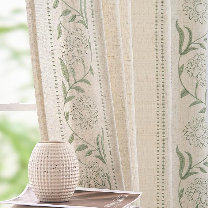 jinchan Winslow Linen Curtains for Bedroom 72 Inches Length Embroidered Bordered Floral Curtains for Living Room Farmhouse Decor Light Filtering Window Treatments Sage on Beige Drapes 2 Panels