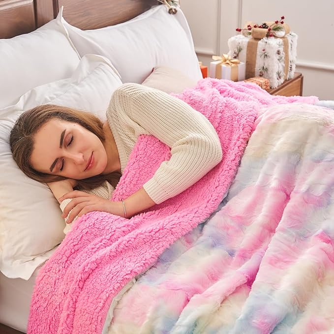 NEWCOSPLAY Super Soft Faux Fur Blanket Twin Size Light Rainbow Sherpa Fuzzy Plush Warm Blanket for Sofa Bed (Light Rainbow, Twin(60"x80"))