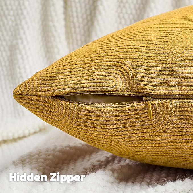 FUTEI Mustard Yellow Chenille Decorative Throw Pillow Covers 12x20 Inch Set of 2,Soft Cozy Striped Geometric Patterns Lumbar Pillow Cases,Modern Home Decor for Couch Bed Living Room