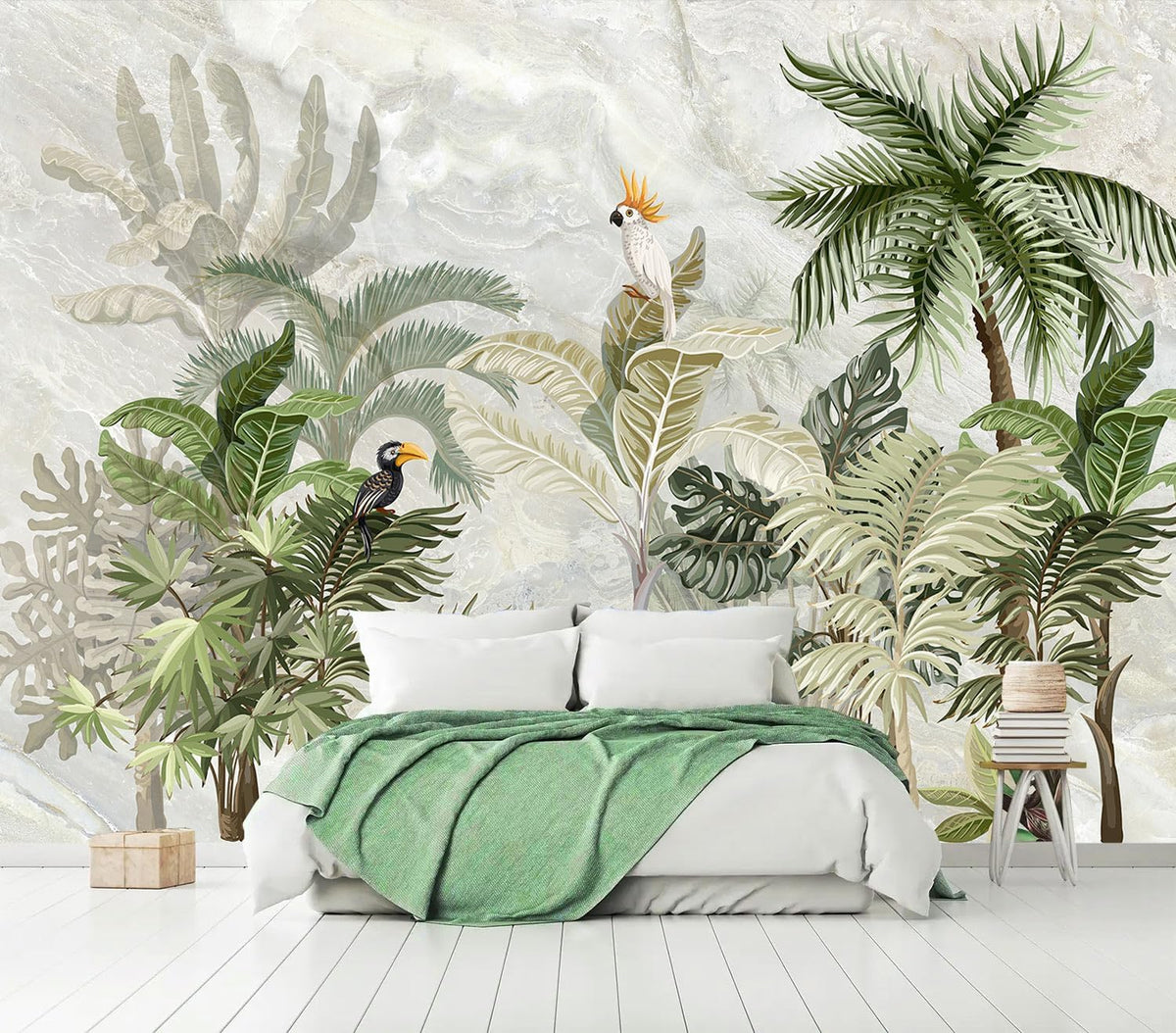 AFZEVEB-Green Forest Nursery Wallpaper Tropical Parrots Wall murals for Kids Room 114"x74" (Not Peel and Stick)
