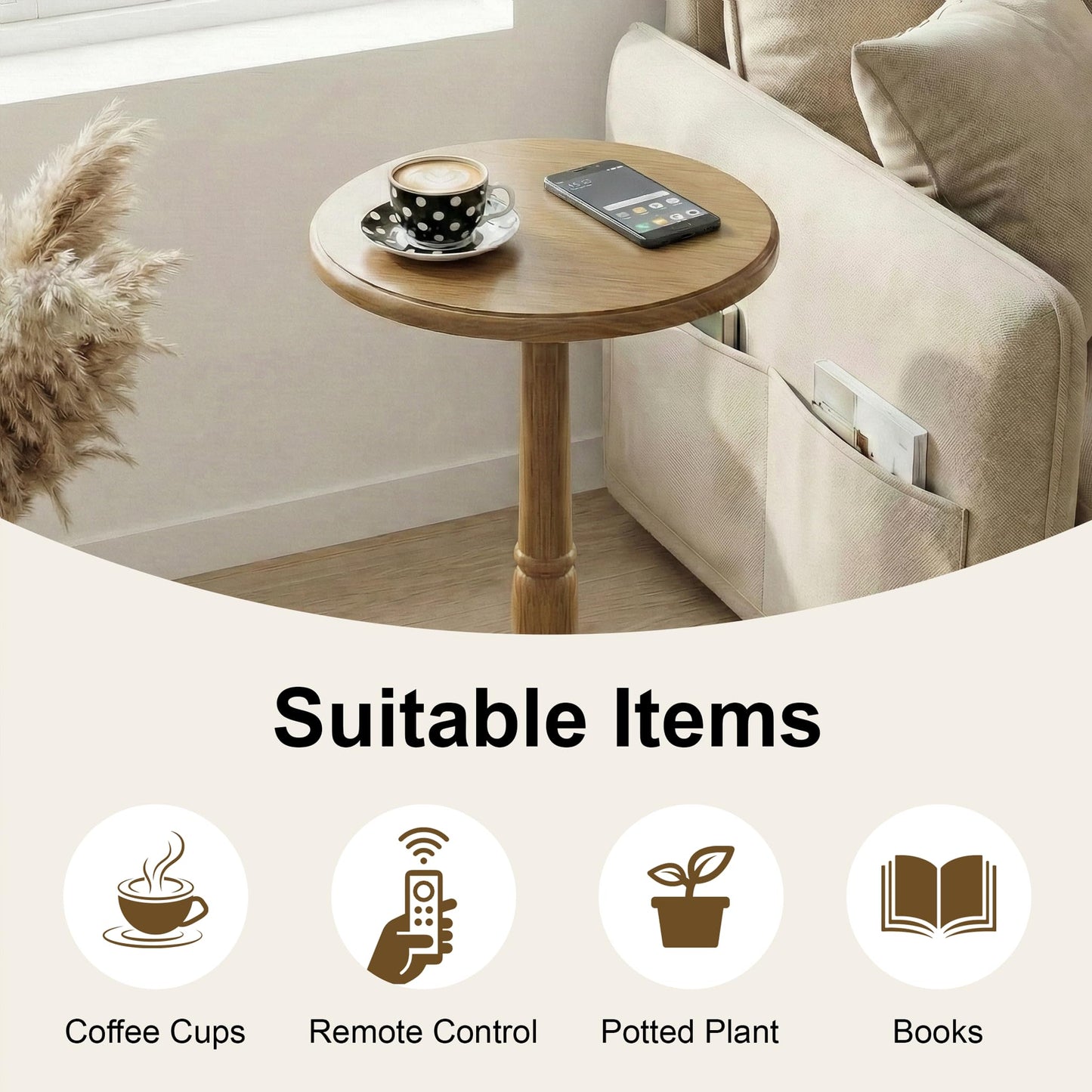 Small Side Table Living Room, Brown Round Corner Table for Small Spaces Set of 2, Coffee Table with Solid Wood Pedestal Accent for Living Room, Corners, Bedroom, Bean Bag, Sofa Couch