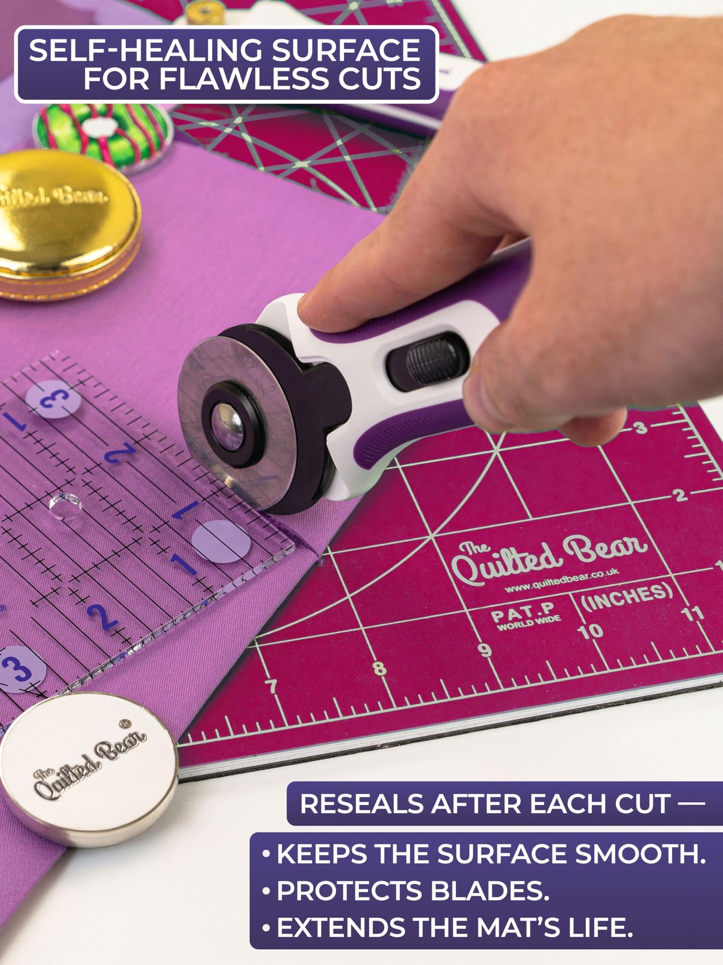 The Quilted Bear Rotating Cutting Mat 12" x 12" - Locking & Rotating Self Healing Cutting Board for Sewing, Fabric & Quilting - 360 Degree Sewing Supplies Mat for Craft Table (Pink)