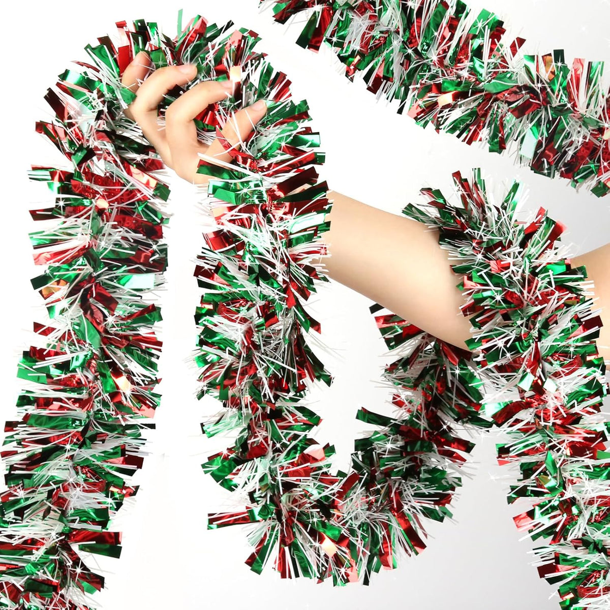 50 Feet Christmas Tinsel Garland Metallic Tinsel Garland Christmas Tree Decorations for Christmas Indoor and Outdoor Decoration (Red, Green and Silver)