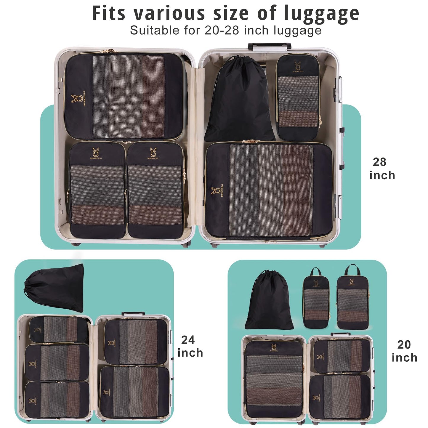 6 Set Compression Packing Cubes for Travel, Bunnychill Portable Zipper Packing Cube for Cloting, Expandable Space Saver Storage Luggage Organizer Bags for Suitcases(Black)