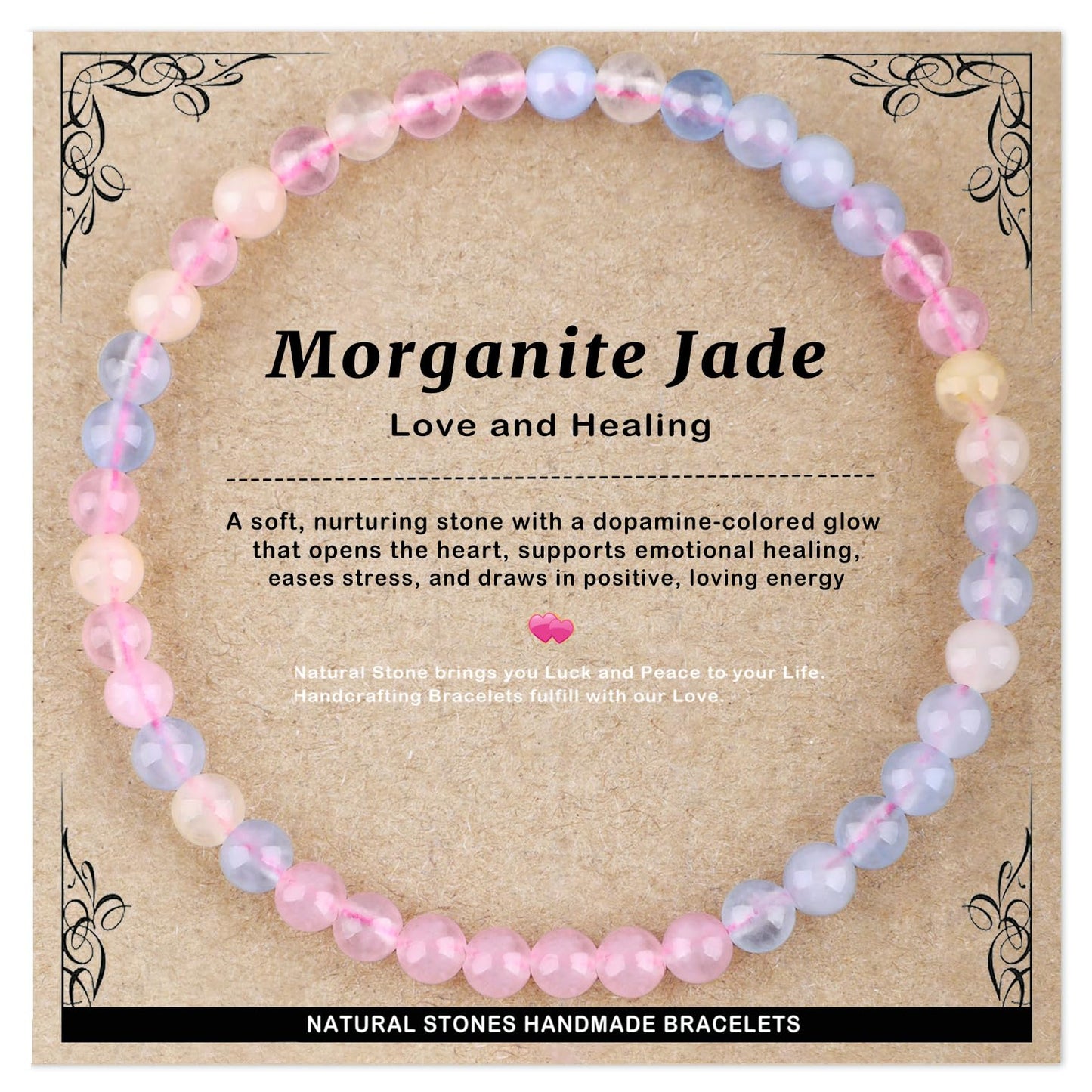 AD Beads 4mm Handmade Morganite Jade Elastic Bracelet – Natural Gemstone for Joy & Positivity – Meditation, Yoga, Healing and Energy Gift for Men Women