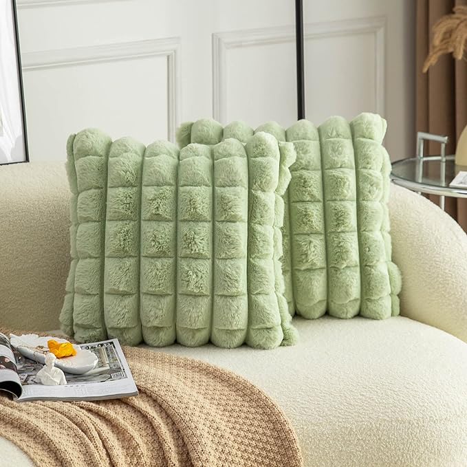 Neelvin Green Faux Fur Cozy Soft Plaid Decorative Throw Pillow Covers 24x24 inch Set of 2,Velvet Pillowcase Cushion Case for Sofa Couch