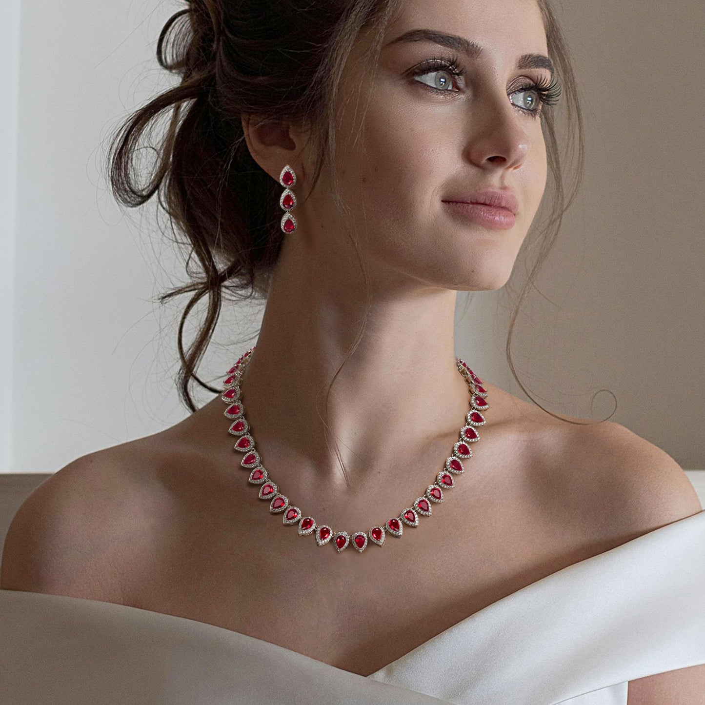 EleQueen Women's Wedding Bridal Full Prong Cubic Zirconia Teardrop Necklace Earrings Set for Brides Bridesmaids Ruby Color
