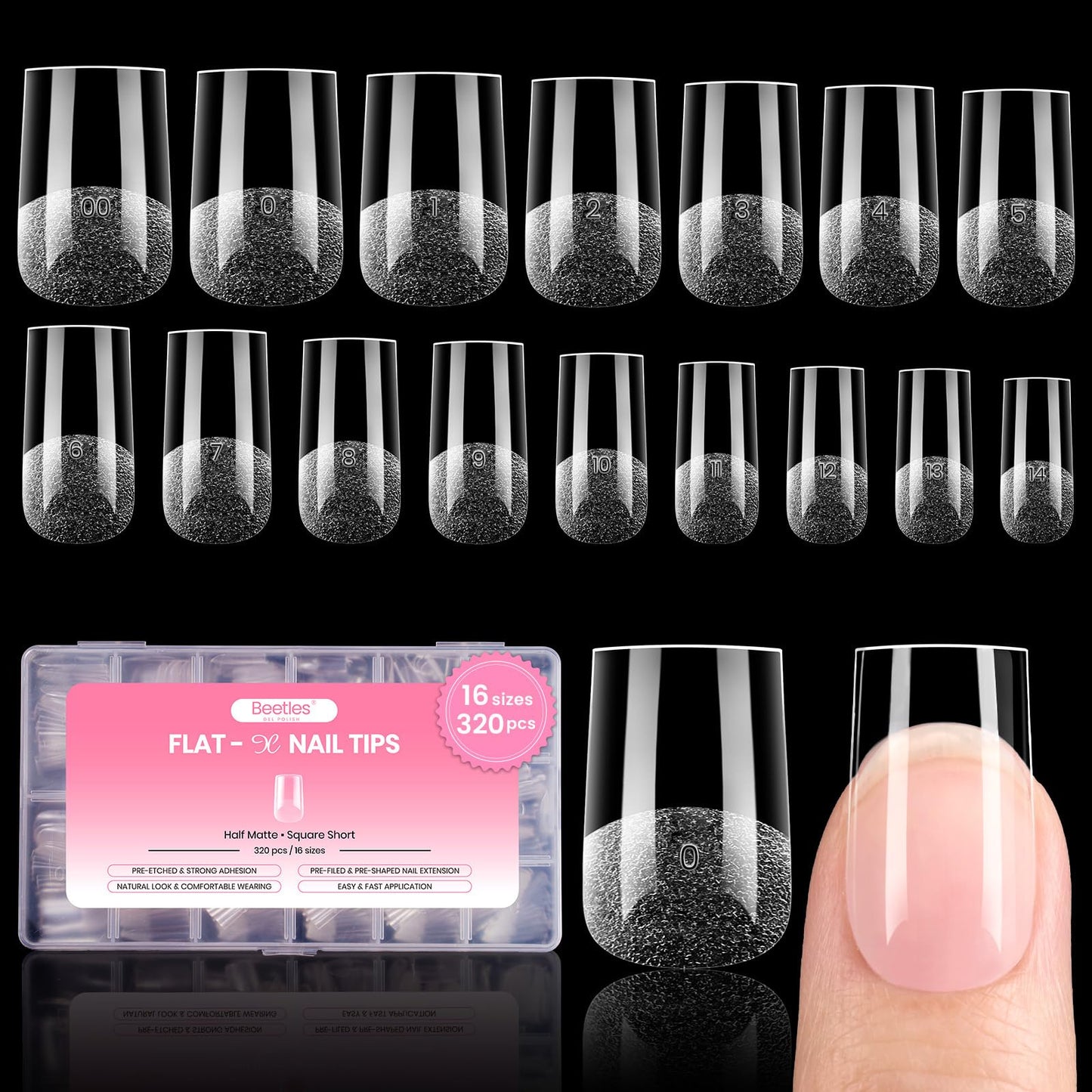 Beetles Gel Nail Tips Square Short, 320pcs 16 Sizes(00-14), Flat-X Pre-Etched Half Matte Full Cover Soft Gel Nail Tips, Natural Clear Press on False Nail Supplies, Easy DIY Nail Extension Salon Art