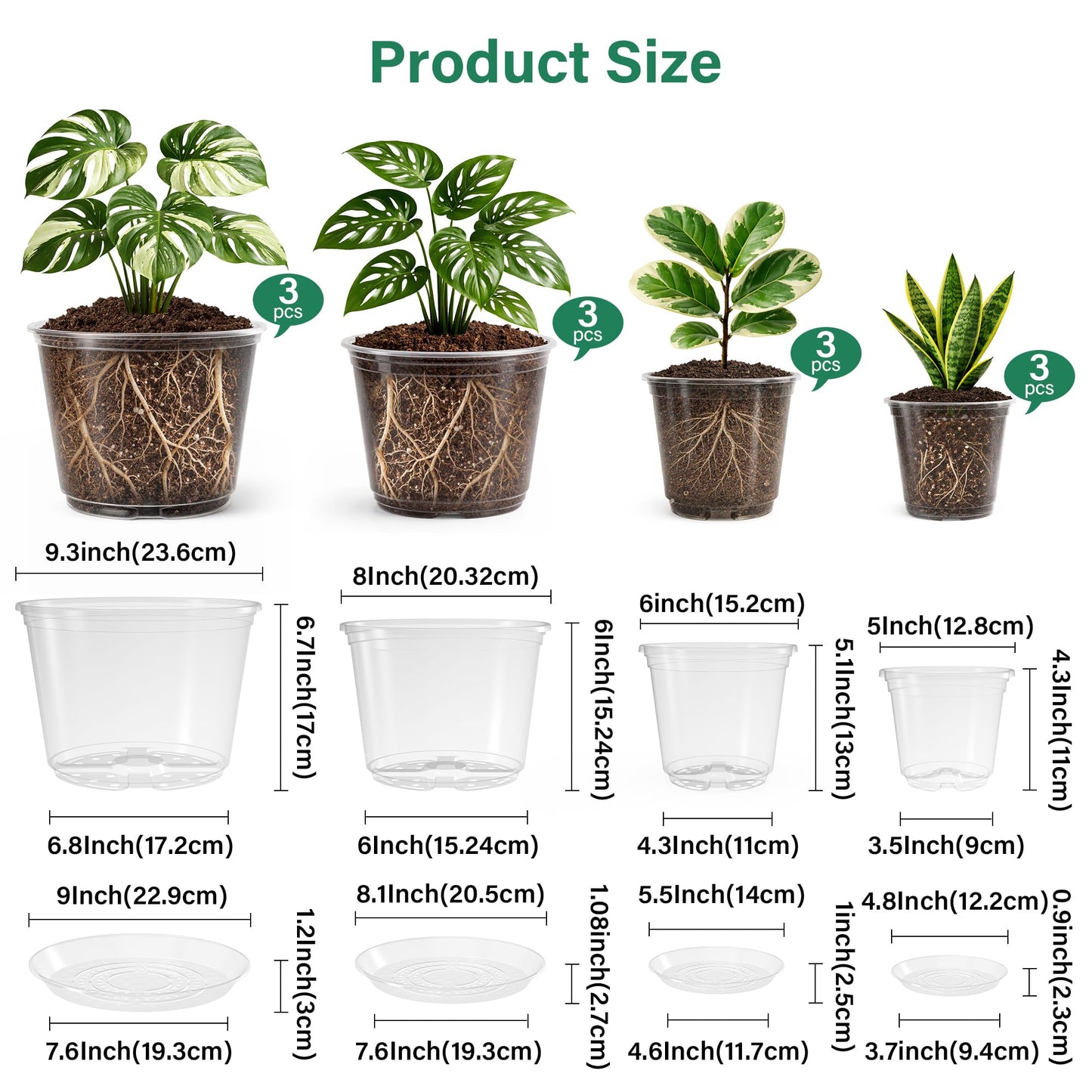 Bluepro 12 Pack 10/8/6/5 Inch Reinforced Large Clear Nursery Pots with Saucers, Transparent Variety Pack Plastic Plant Pot with Drainage Holes for Vegetable Propagation, Root Cutting, Seed Starting