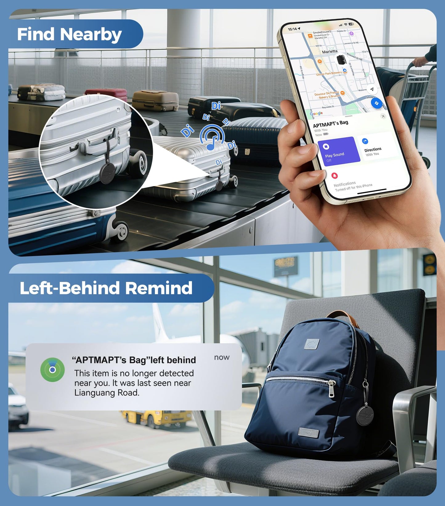 APTMAPT Smart Luggage Tag Works with Apple Find My, Premium Leather Suitcase Tracker with 2 ID Labels, TSA-Friendly, Anti-Lost Travel Essentials for Bags Backpacks, Wireless Charging, Black