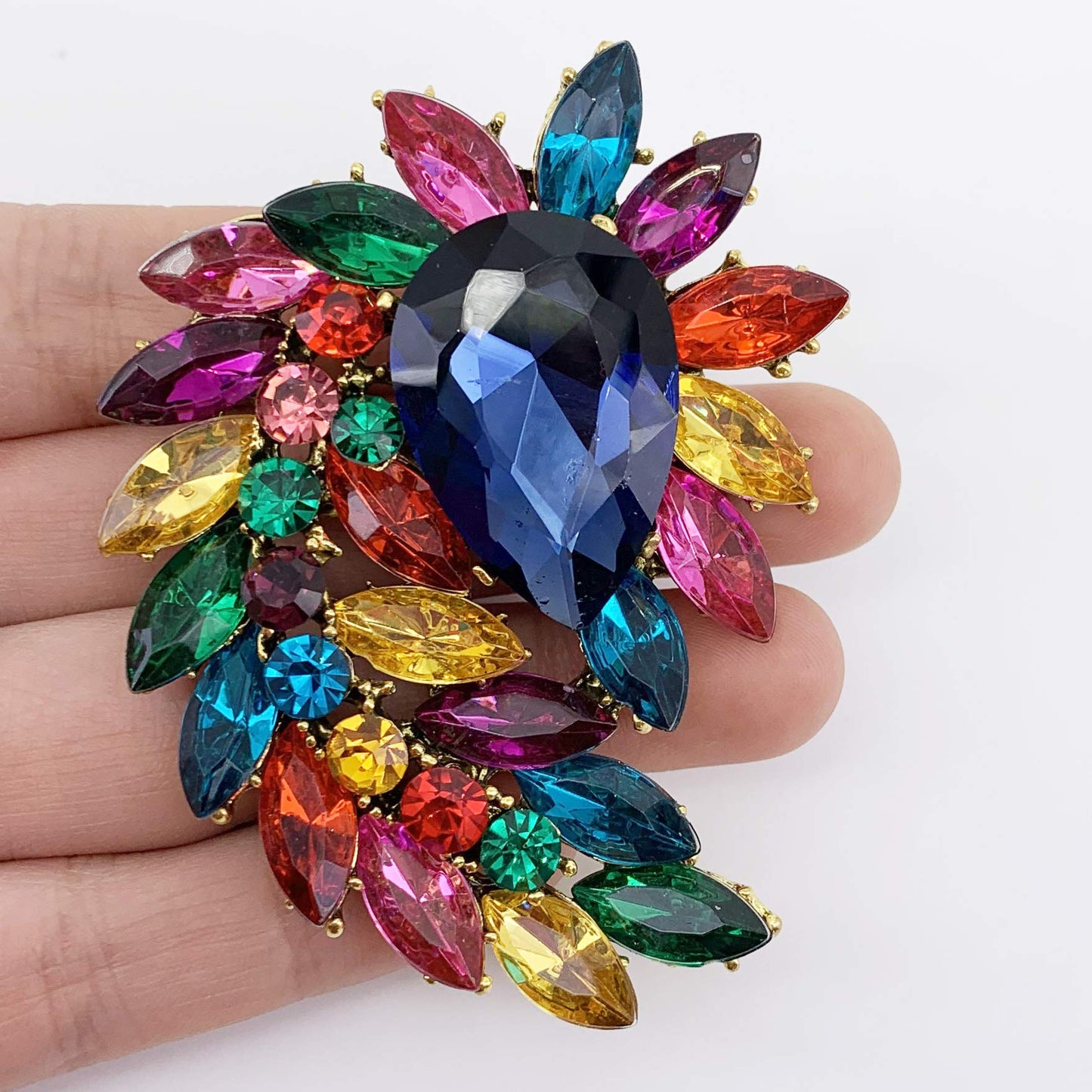 SELOVO Costume Jewelry Marquise Shape Large Flower Multicolor Brooch Pin Antiqued Gold Tone