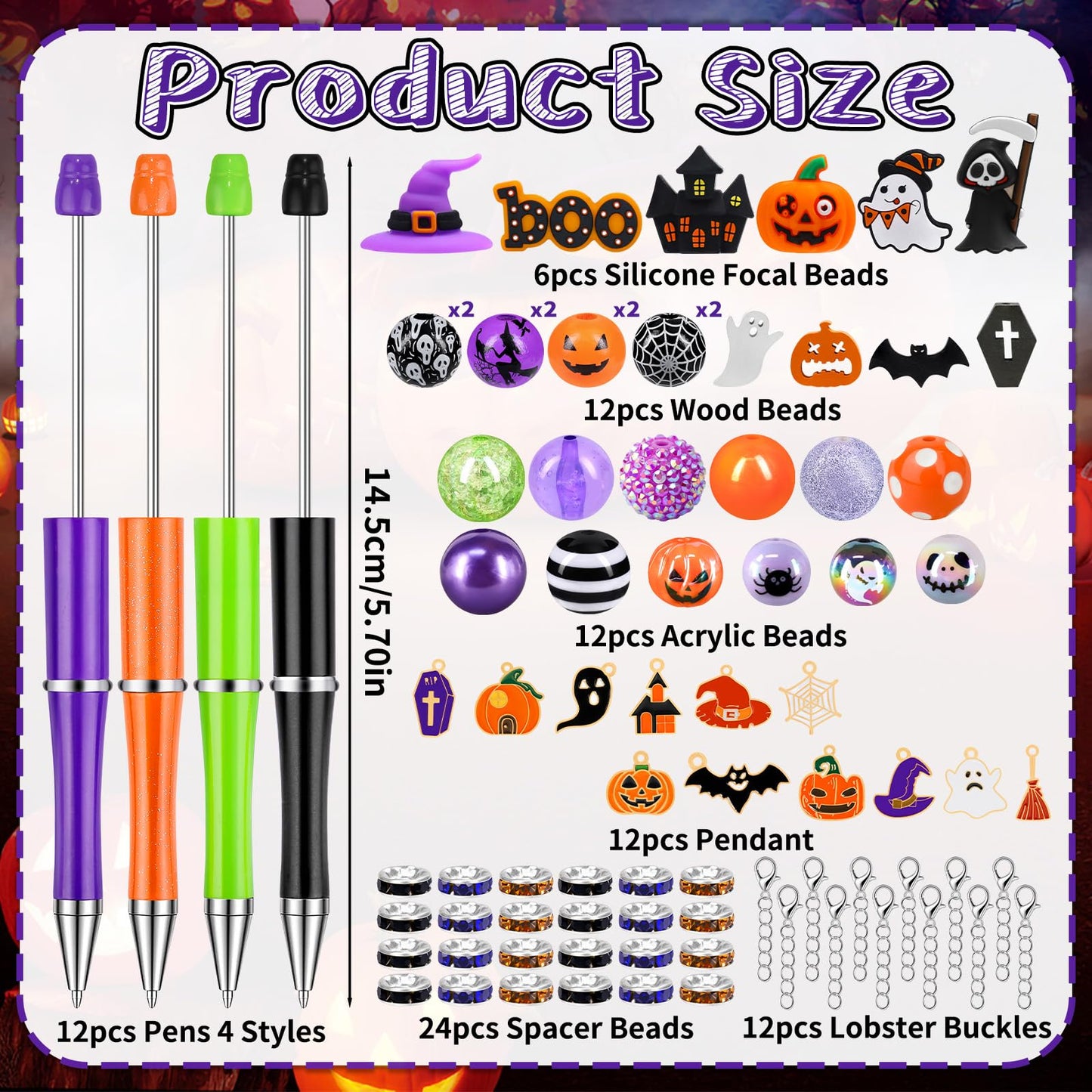 12 Sets Halloween Beadable Pens DIY Pen Making Kit with Bubblegum Beads Silicone Focal Beads - Craft Beads Charms Ballpoint Pens for Halloween