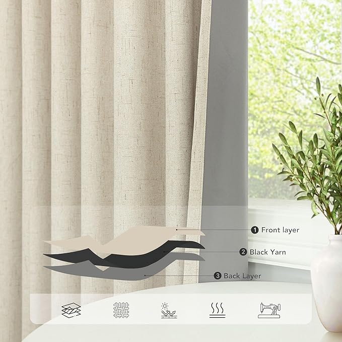 Black Out Burlap Curtains 63 Inch Long Faux Linen Farmhouse Bedroom Blackout Curtain 63 Inches Length 2 Panels Set Energy Saving Noise Reducing Nursery Drape for Bay Window Back Tab Pocket Cream Beige