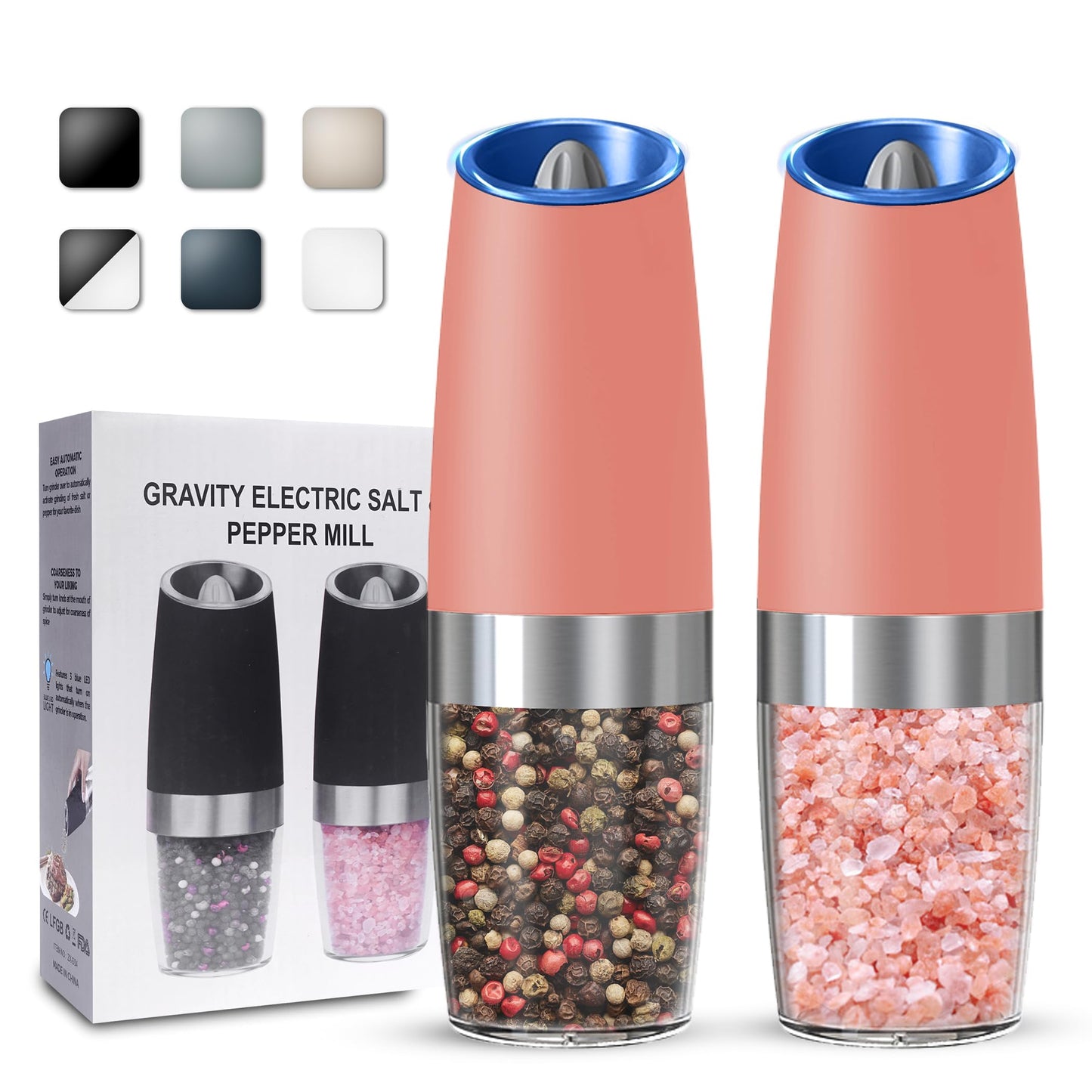 UNNEES Gravity Electric Salt and Pepper Grinder set of 2, Automatic Salt And Pepper Grinder Set, Adjustable Roughness, Battery Powered, LED Light, 2 Pack, (Pink)