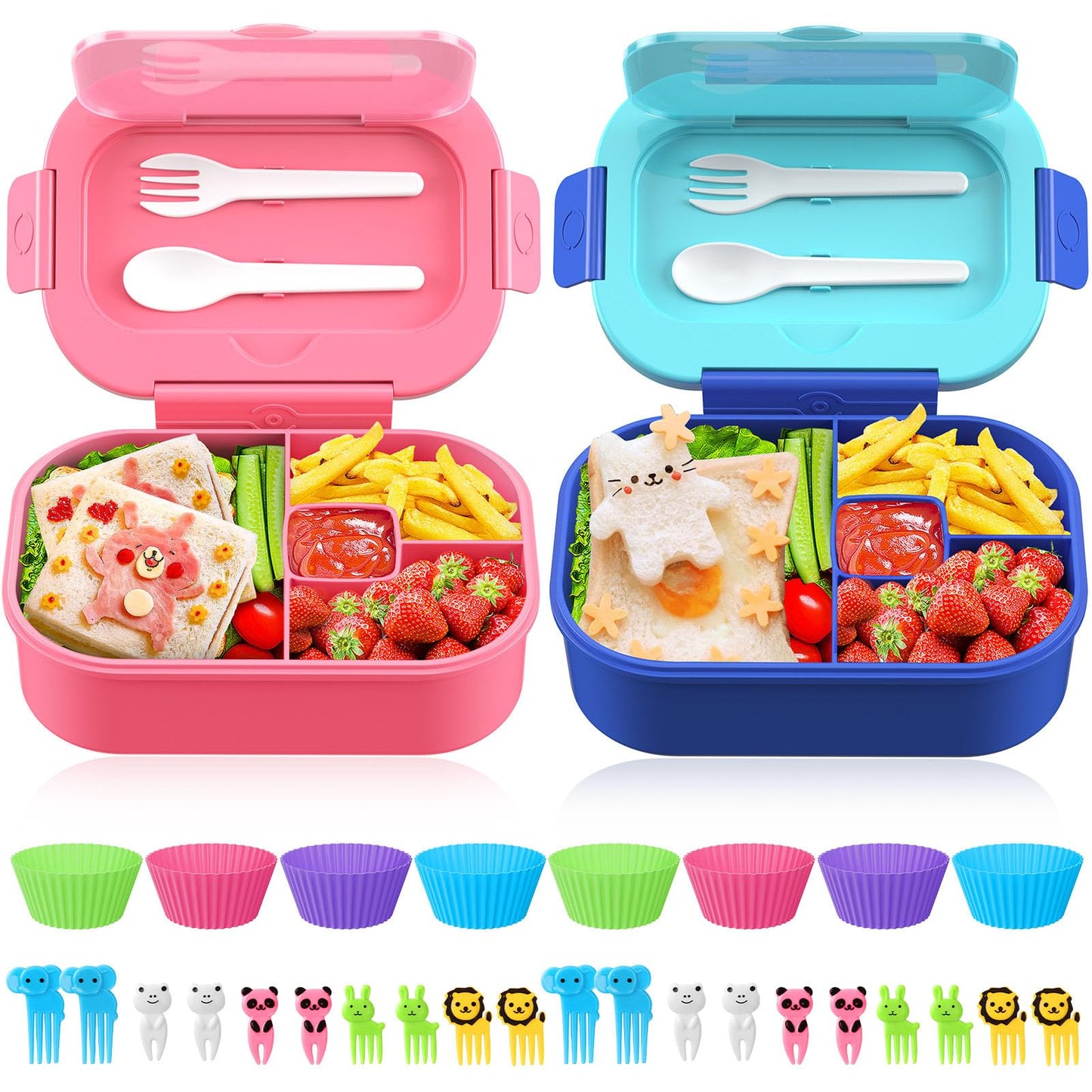 TIME4DEALS Bento Box Kid Adult Lunch Box 2 Pack, Leakproof Bento Lunch Container 4 Compartment Bento-Style Lunchbox with Utensil Set, On-the-Go Meal and Snack Packing for School, Work, Picnic