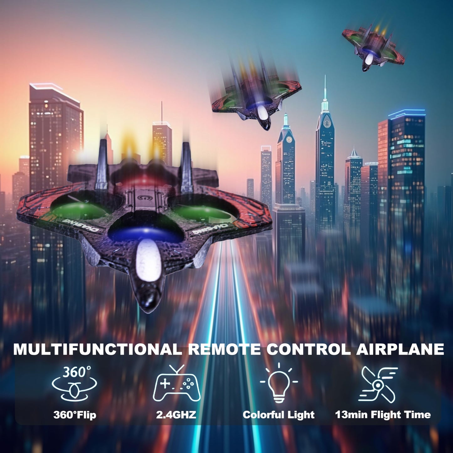 LIHBCAIYI Foam RC Airplane,Remote Control Planes with LED Lights Fighter Jet for Night Flights Outdoor 360° Flip & Spin Stunt Drone Toy for Beginner Adults
