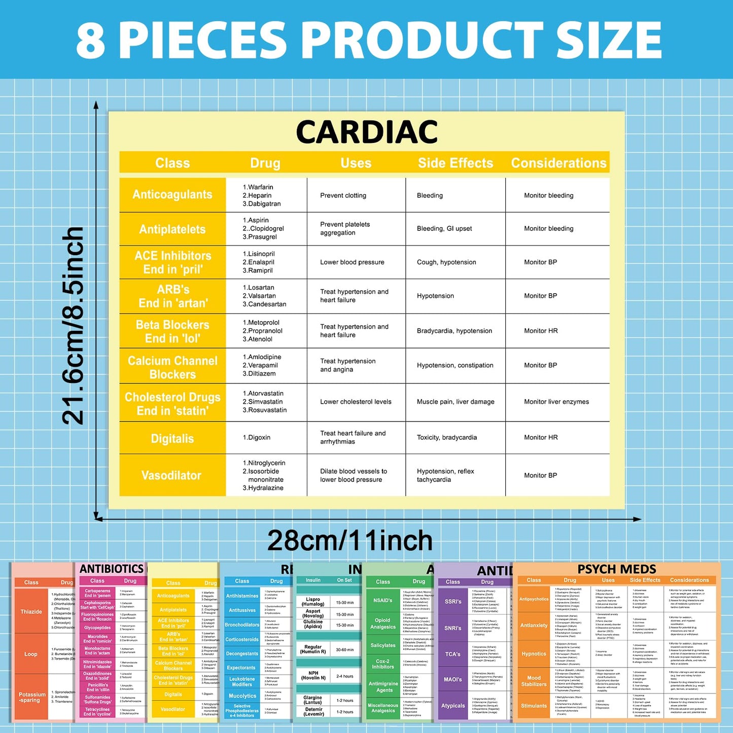 8Pcs Nurse Cheat Sheet Bundle Nurse Badge Reference Posters Pharmacology Cheat Sheets Nursing Notes for Nursing Students New Nurses Study Guide Supply Hospital Office Home Classroom Decor 11 x 8.5 In