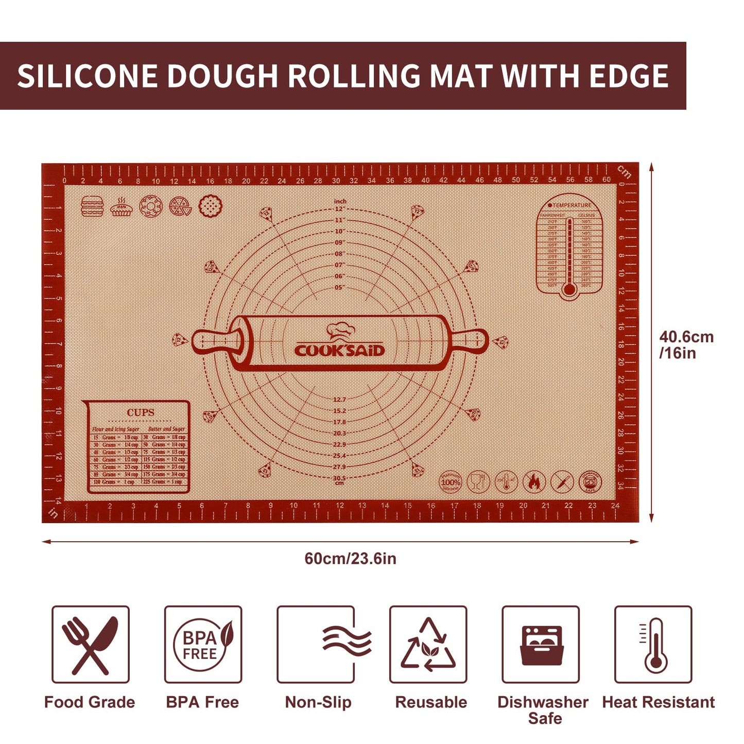 Cook's Aid Silicone Pastry Mat Extra Large with Measurements 26''x16'' for Reusable,Non-slip Silicone Baking Mat, Counter, Dough Rolling, Oven Liner,Fondant/Pie Crust, Red