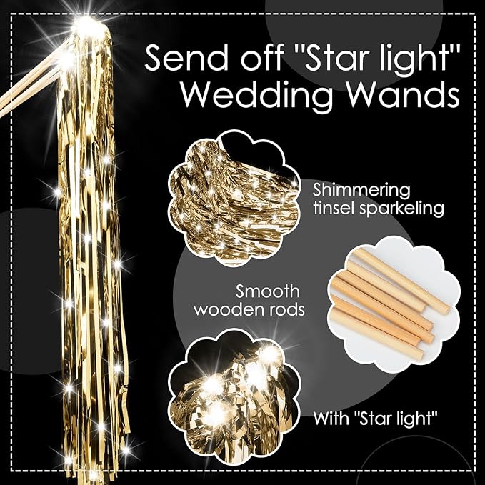 48 Pcs Lighted Wedding Wands LED Tinsel Wands Streamers Wedding Sparklers Send Off Light Sticks for Reception Birthday Exits Baby Shower Concert Christmas Party Favors(Champagne)