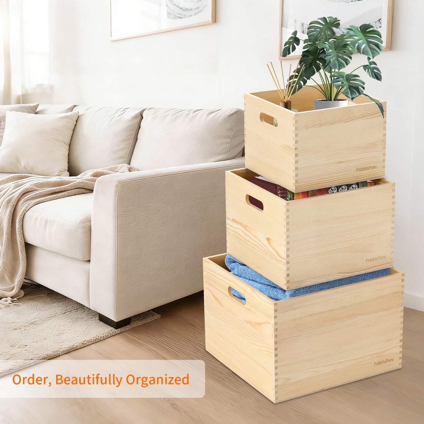 PebblePure Set of 3 Large Wood Storage Crates (Up to 14.5"x14"x10"), Fully Assembled, Seamless Dovetail Unfinished Farmhouse Solid Natural Nesting Wood Crates for Home Office Retail Display