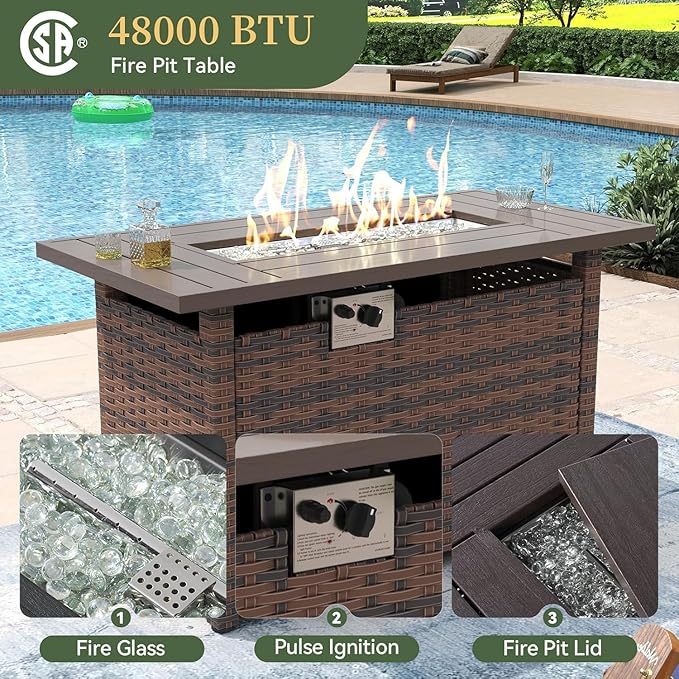 Aoxun 8 Piece Patio Furniture Set with 44” Fire Pit Table Wicker Rattan Outdoor Sectional Sofa Set with Coffee Table and Thickened Cushions & Hose, Khaki (Waterproof Cover Included)