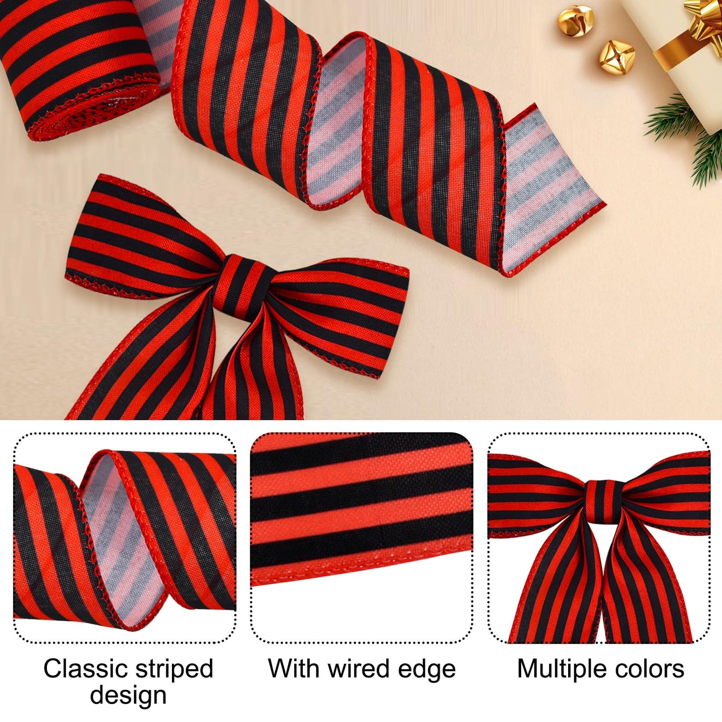 TONIFUL 2 Rolls-2 Inch Red and Black Striped Wired Ribbon,Red and Black Stripe Wired Ribbon for Gift Wrapping, Indoor, Bows Making, Wedding Birthday Party Decoration (6yds/roll)