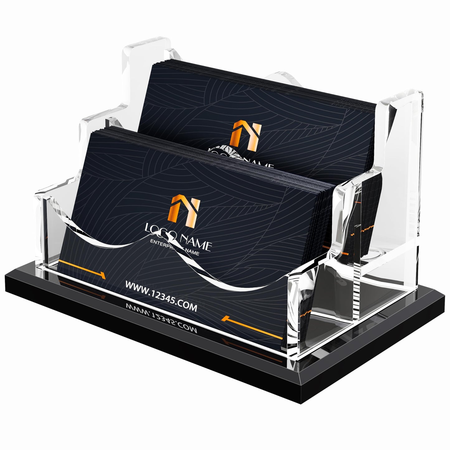 PARTSPOWER Acrylic Business Card Holder for Desk, Horizontal Clear Business Name Card Display, Solid Black Acrylic Base, Desktop Accessory Business Name Card Organizers (2-Slot)