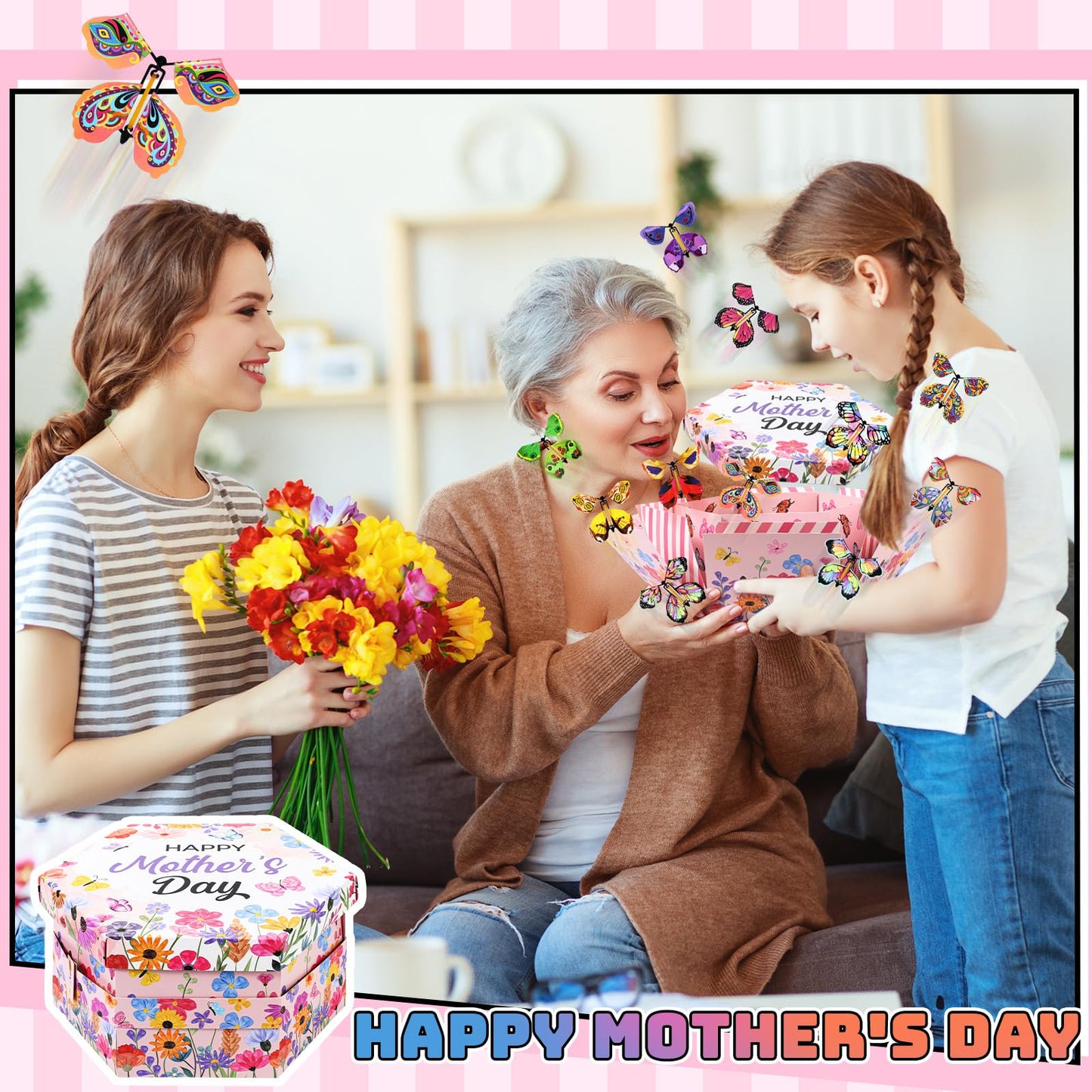 AmazingSpark Happy Mother's Day Flying Butterfly Surprise Explosion Gift Box 5.7 x 5.7 x 5.7 Inches Gift Explosion Box with 15 Pcs Flying Butterfly Exploding Surprise Gift for Mother's Day Birthday