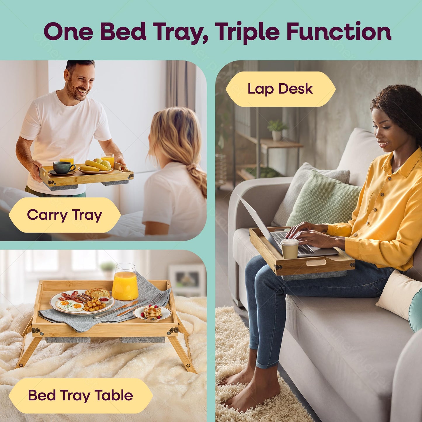 Breakfast in Bed Tray Lap Desk | Ergonomic Bamboo Bed Table Tray for Work, Rest | Comfortable Bed Desk w/Foldable Legs, Phone Holder, Cushions, Anti-Spill Edges | Adjustable Laptop Table/Lap Tray