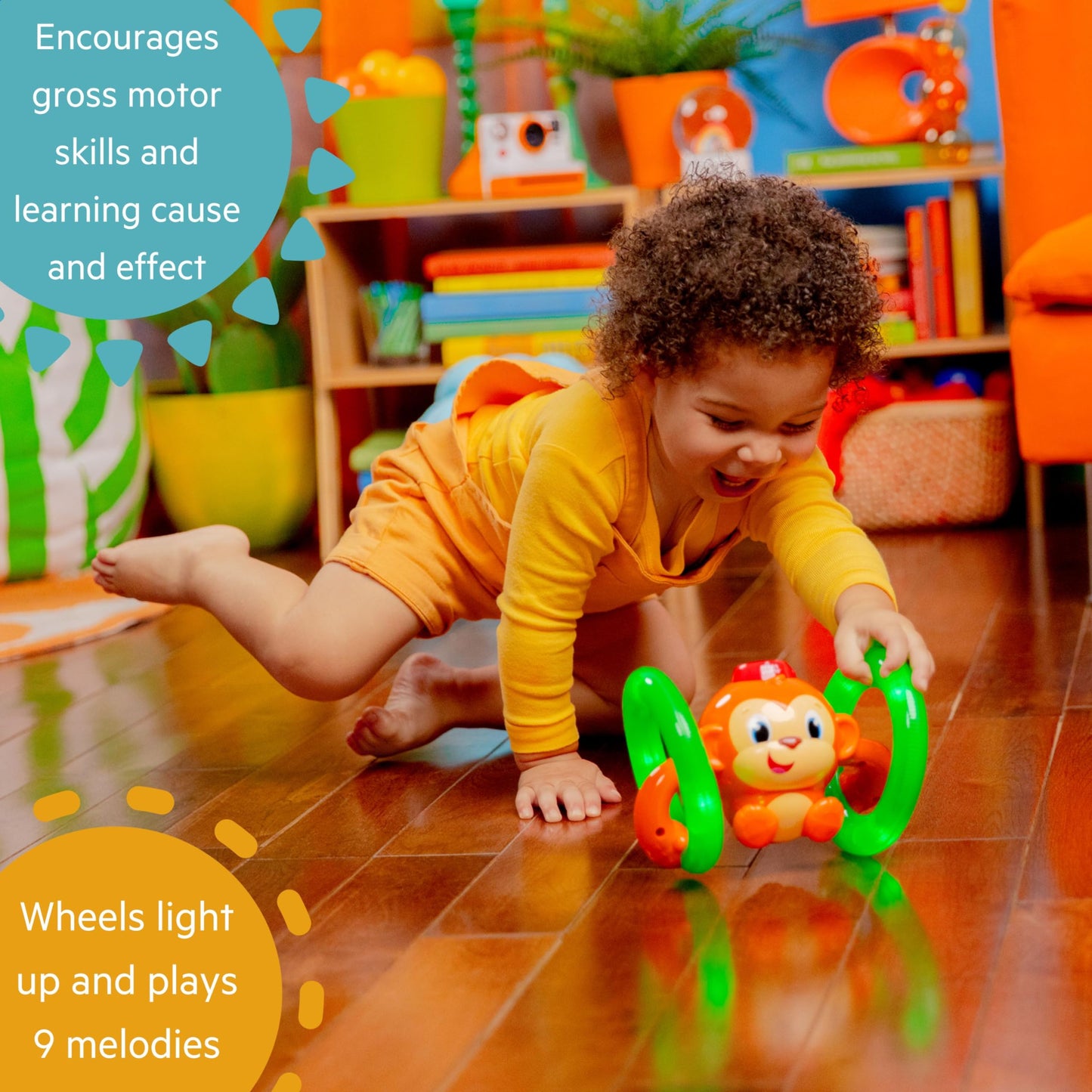 Bright Starts Roll & Glow Monkey Crawling Baby Toy with Lights and Sounds, Tummy Time Toy, 6 Months and up