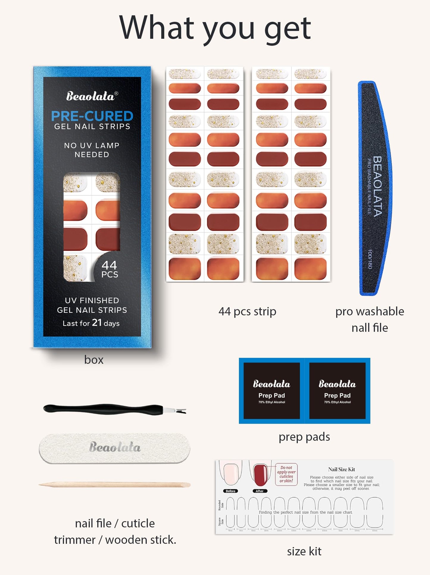 Beaolata Real Gel Nail Strips (No UV Light Needed) - 44Pcs Salon Quality Nail Stickers - Long Lasting Polish Wraps for Women, Easy Apply & Remove (Sunlit Amber Brown)