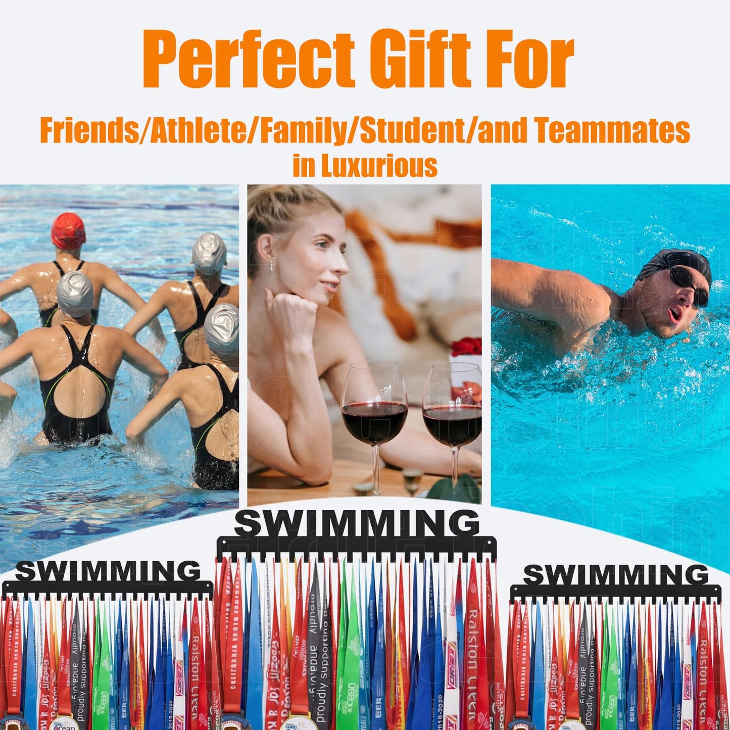 Lapetale Fashion Swimming Medal Hanger Display Medal Holder Hanger Display Rack Frame with 20PCS Hanging Hooks Upgraded Extension Hooks Easy Install Easy to Use Swimming Medal Display Rack
