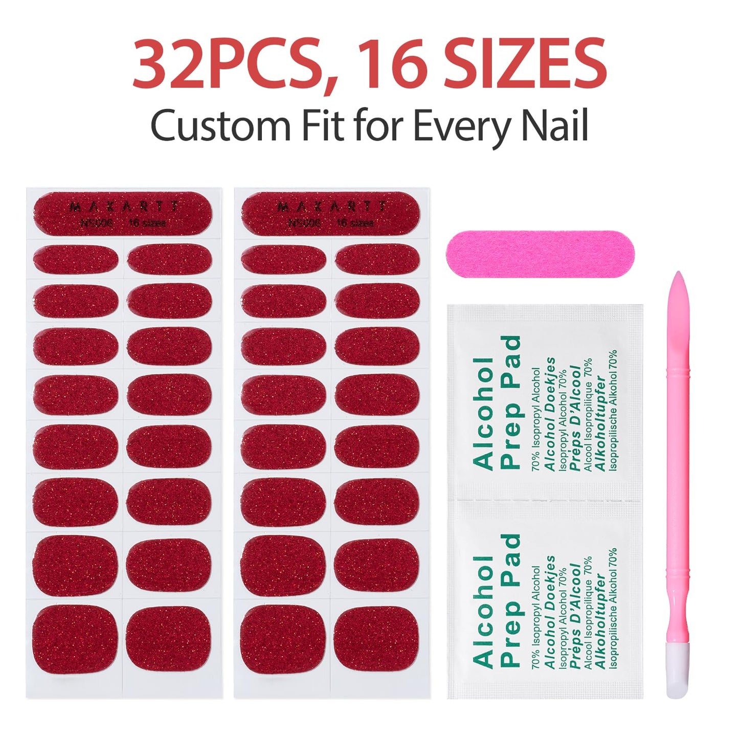 Makartt Semi Cured Gel Nail Strips Kit 2 Packs – Real Gel, Hema & TPO Free, 16 Sizes Anti-Lift Fit, UV Light Required, Salon Quality, Long Lasting, Includes Dual-Ended Tool & Prep Kit (Red Glitter)