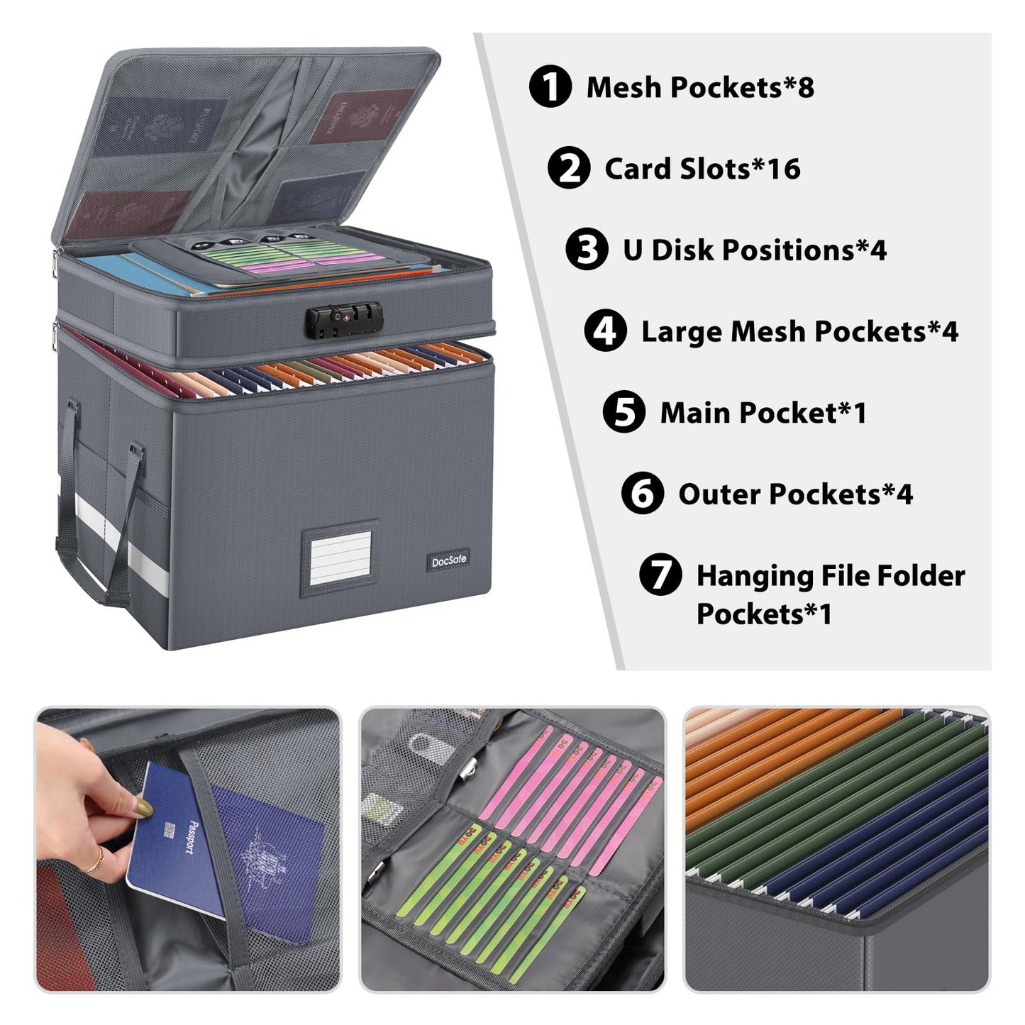 DocSafe File Box with Lock,Multi-Layer Fireproof Document Box Collapsible File Storage Organizer with Pockets/Handle,Large Portable Home Office Filing Box for Hanging Letter/Legal Size Folders,Gray