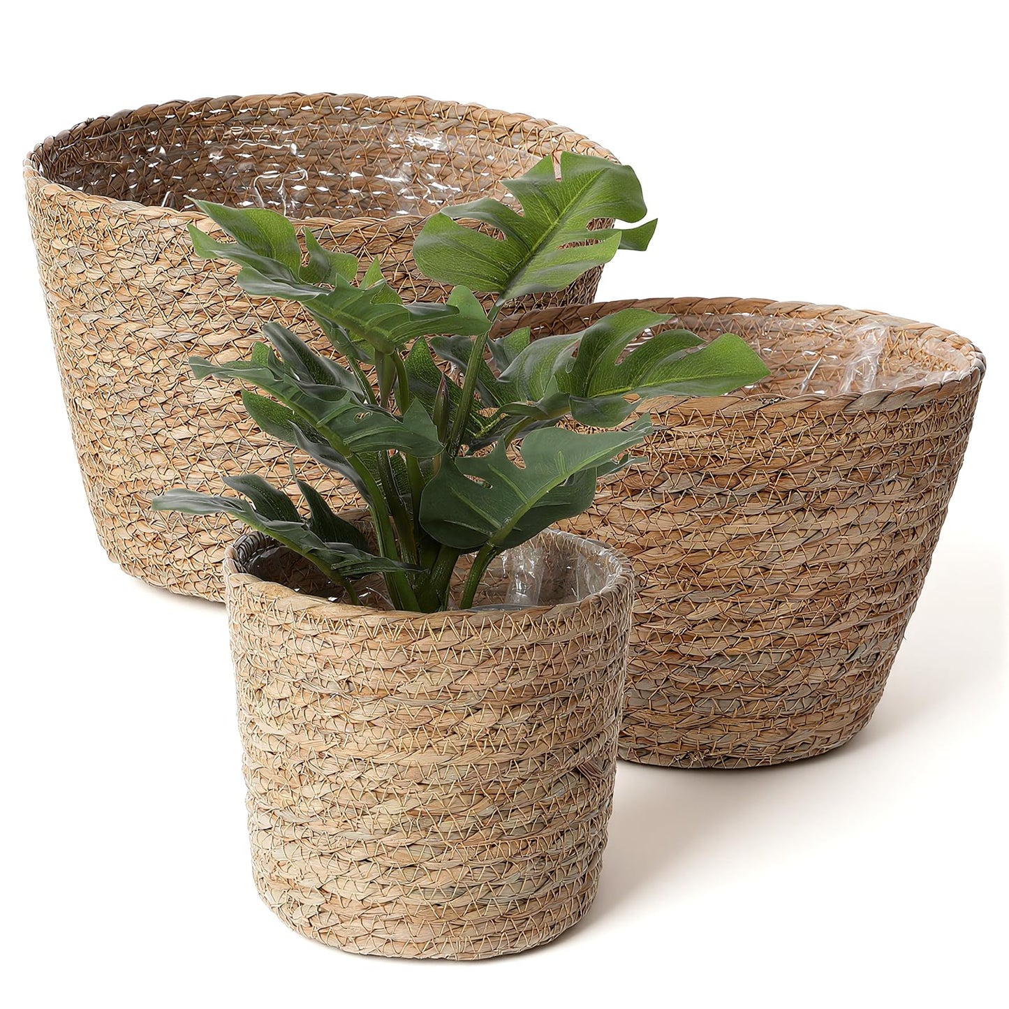 simarro 3 Pack Seagrass Planter Basket, 3 Sizes Stylish Plant Containers Flower Pots with Plastic Lining Woven Baskets for Plants Indoor and Outdoor