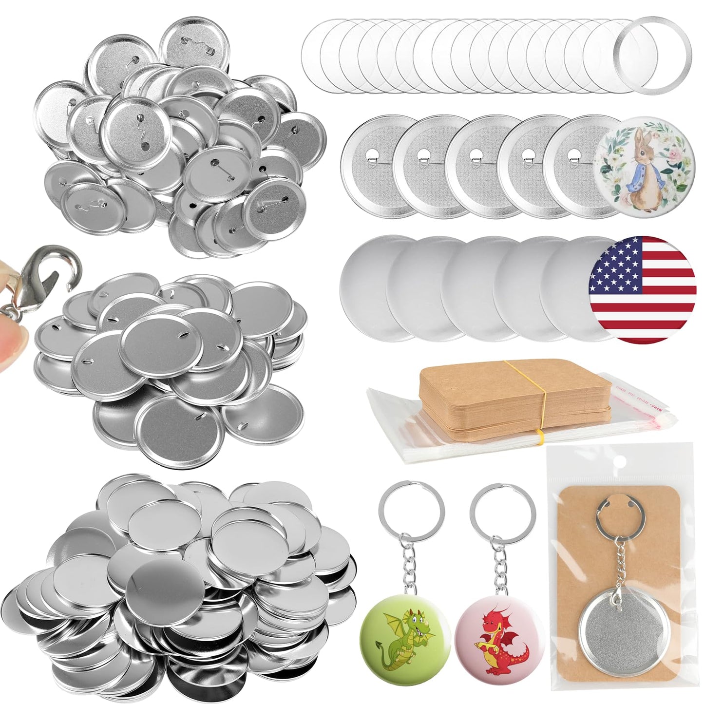 Esmorah 100 Sets (50 pin + 50 Keychain Sets) 58mm/2.25 inch Button Maker Supplies Gift, Keychain Pins Metal Round Badge Parts Making Kit for Button Maker Machine with Metal Cover