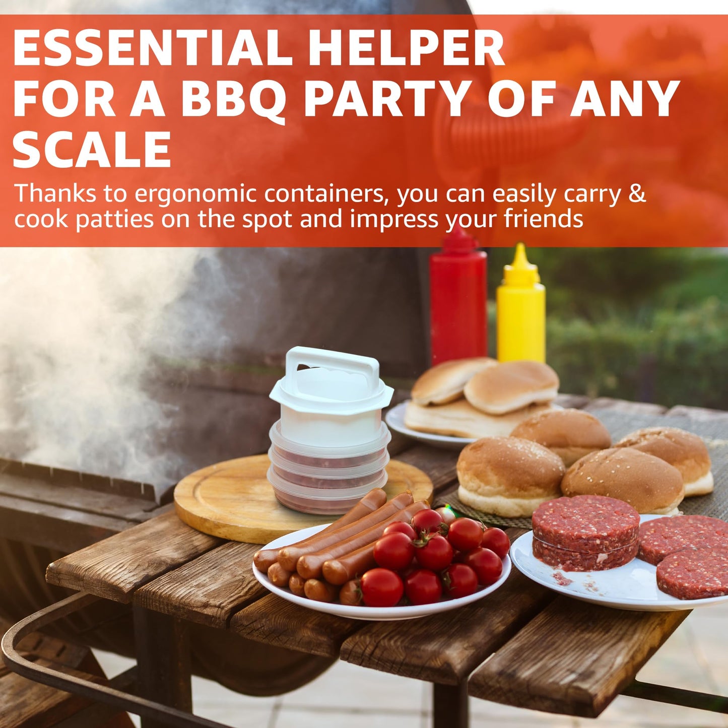 Mission Gallery Hamburger Press Patty Maker - 4 in1, Burger Mold, Patty Press, 7 Storage Containers, 100 Round Papers - Hamburger Patty Maker Tool for BBQ - Burger Shaper for Meat, Veggie Patties