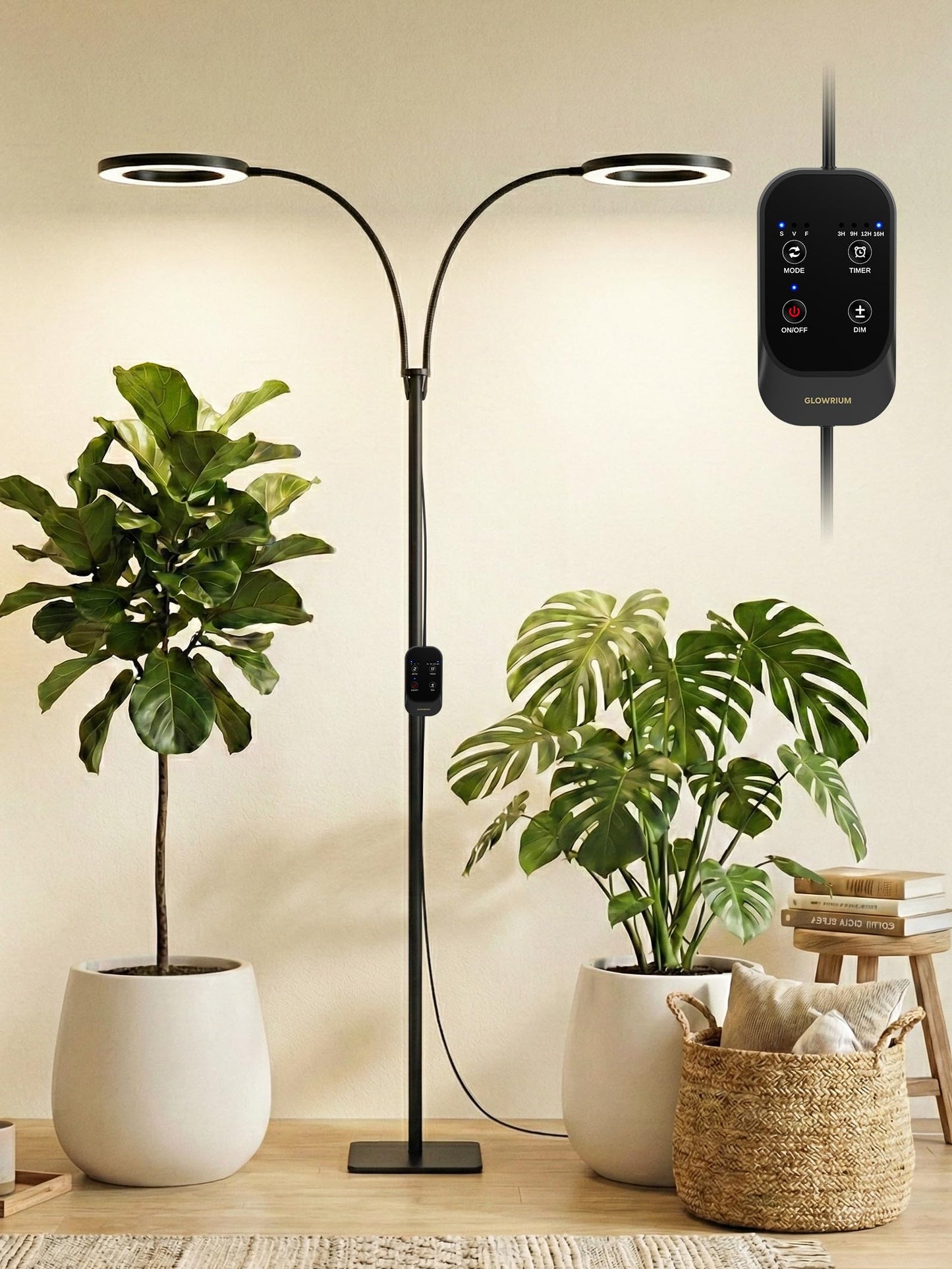 GLOWRIUM 48W LED Dual-Head Grow Light for Indoor Plants, 23.5-71" Adjustable Height, 3-Growing Full Spectrum for Tall Plant Light, 3/9/12/16H Timer, 6-Level Dimming, Ideal for Large Tall Plants