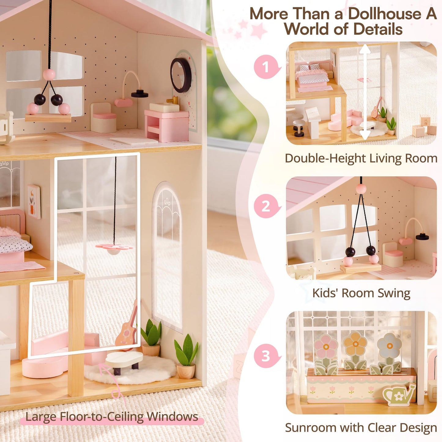 ROBOTIME Doll House for Girls – Three-Story Wooden Dollhouse with 6 Open Rooms, Transparent Conservatory, 37Pcs DIY Modular Furniture Accessories, Pretend Dollouse Creative Gift for Girl Ages 3+