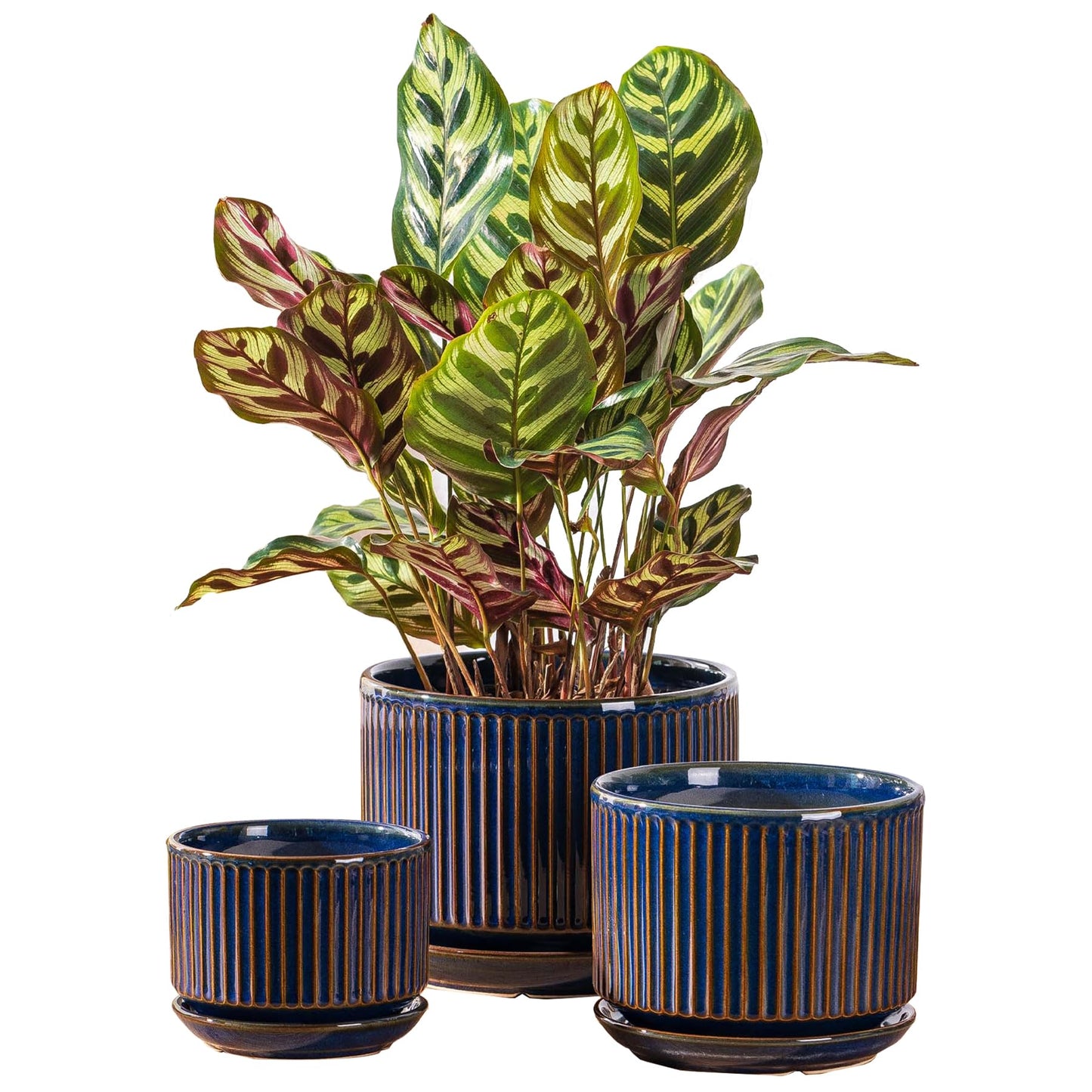 SURE YUESI Navy Blue Ceramic Plant Pots Set of 3 (4.3”+5.5”+6.7”), Indoor Striped Planters with Drainage Hole, Mesh Pads, Decorative Pots for Plants & Gardening