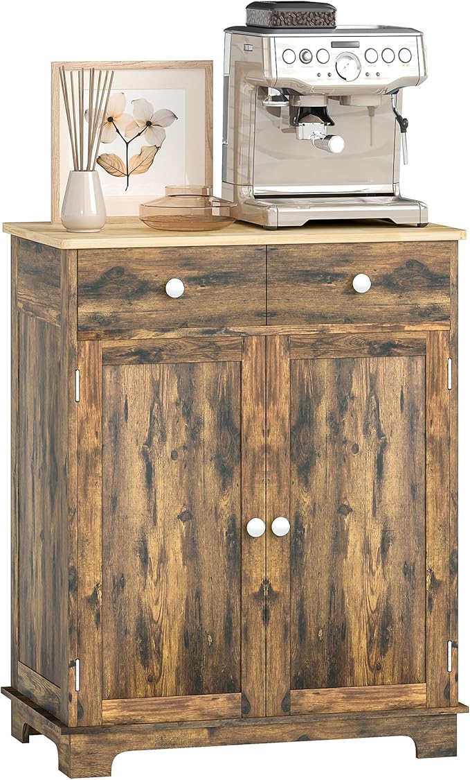 HOMCOM Sideboard with Solid Wood Countertop, Modern Kitchen Storage Cabinet, Coffee Bar Cabinet with 2 Drawers, Doors and Adjustable Shelf, Rustic Brown