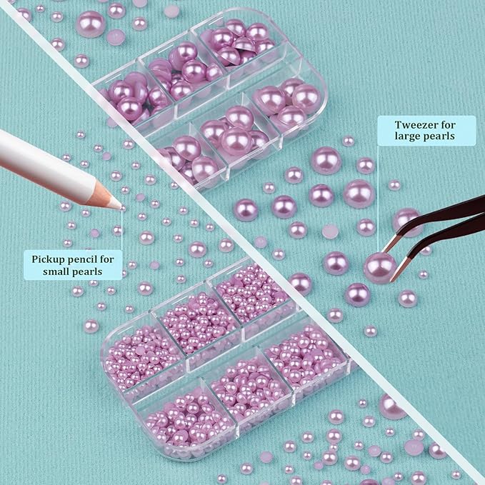4 Boxes Flat Back Pearls Kit 10 Flatback Light Purple Half Round Pearls 3-10mm with Pickup Pencil and Tweezer for Home DIY and Professional Nail Art, Face Makeup and Craft