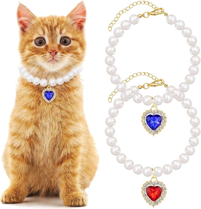 Mxxipp 2pcs Pearl Collar for Cat Puppy, Small Cute Heart Shape Rhinestone Pet Necklace, Adjustable Wedding Party Pet Jewelry Accessories for Puppy Kitten- Green & Pink