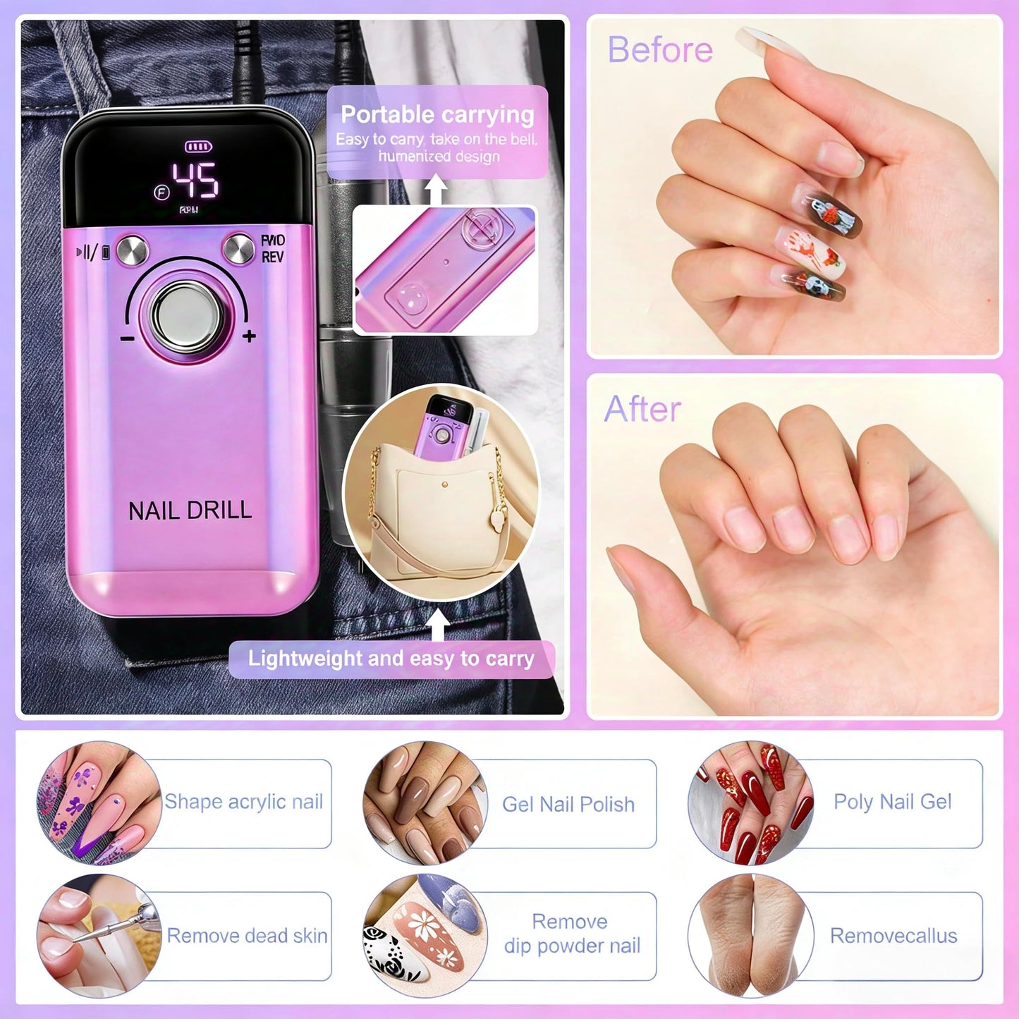 TWOEIGHT Electric Nail Drill Machine 45,000RPM - Professional Electric and Rechargeable Nail Drill with LCD Display, 12 Bits , Low Heat Quiet E-File for Acrylic Gel Nails - Salon & Home Use