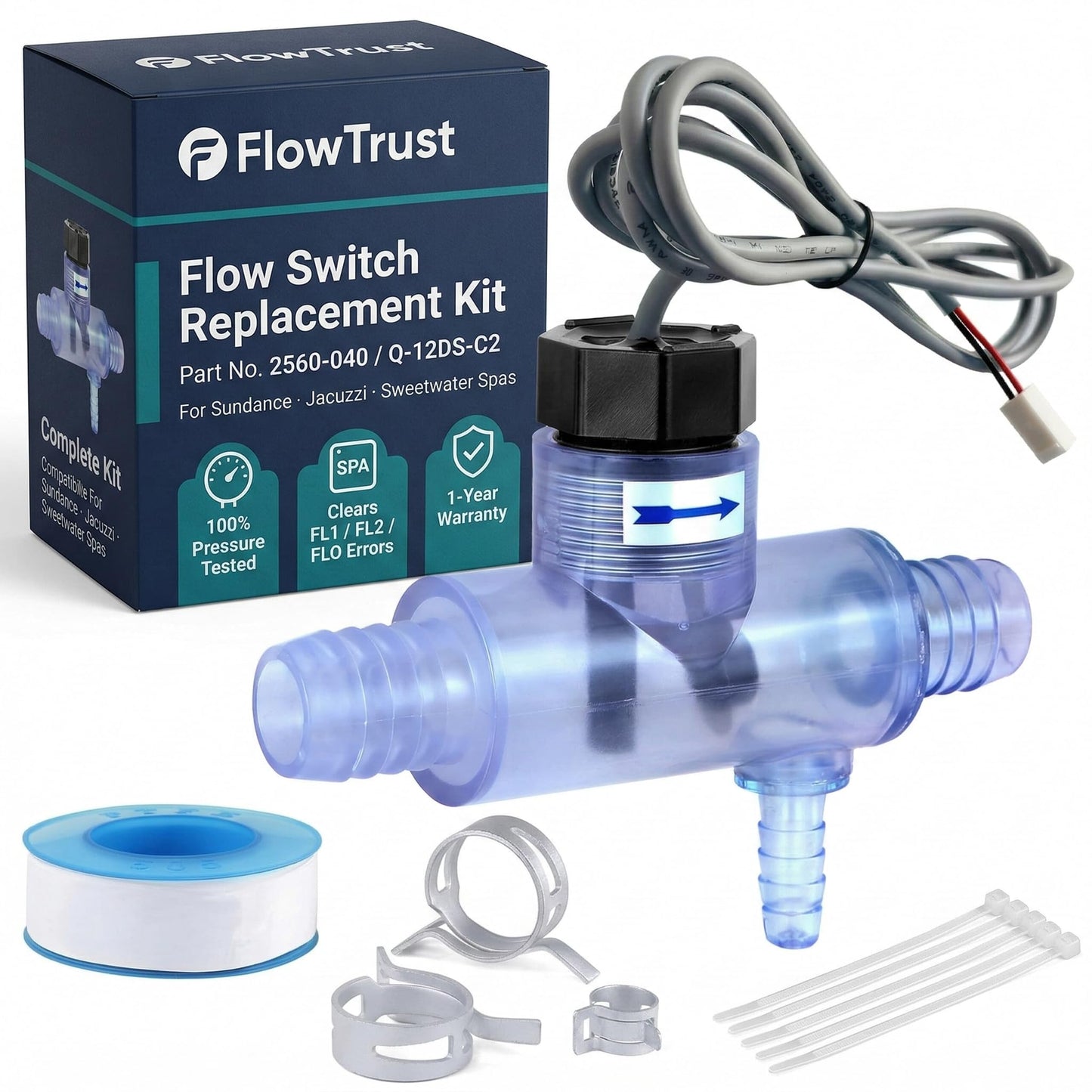 FlowTrust Flow Switch 2560-040 (Q-12DS-C2) - Flow Sensor Replacement for Sundance Spa, Jacuzzi, & Sweetwater Hot Tubs - OEM Grade Plug & Play with Complete Install Kit, Fixes FLO / FL1 / FL2 Errors