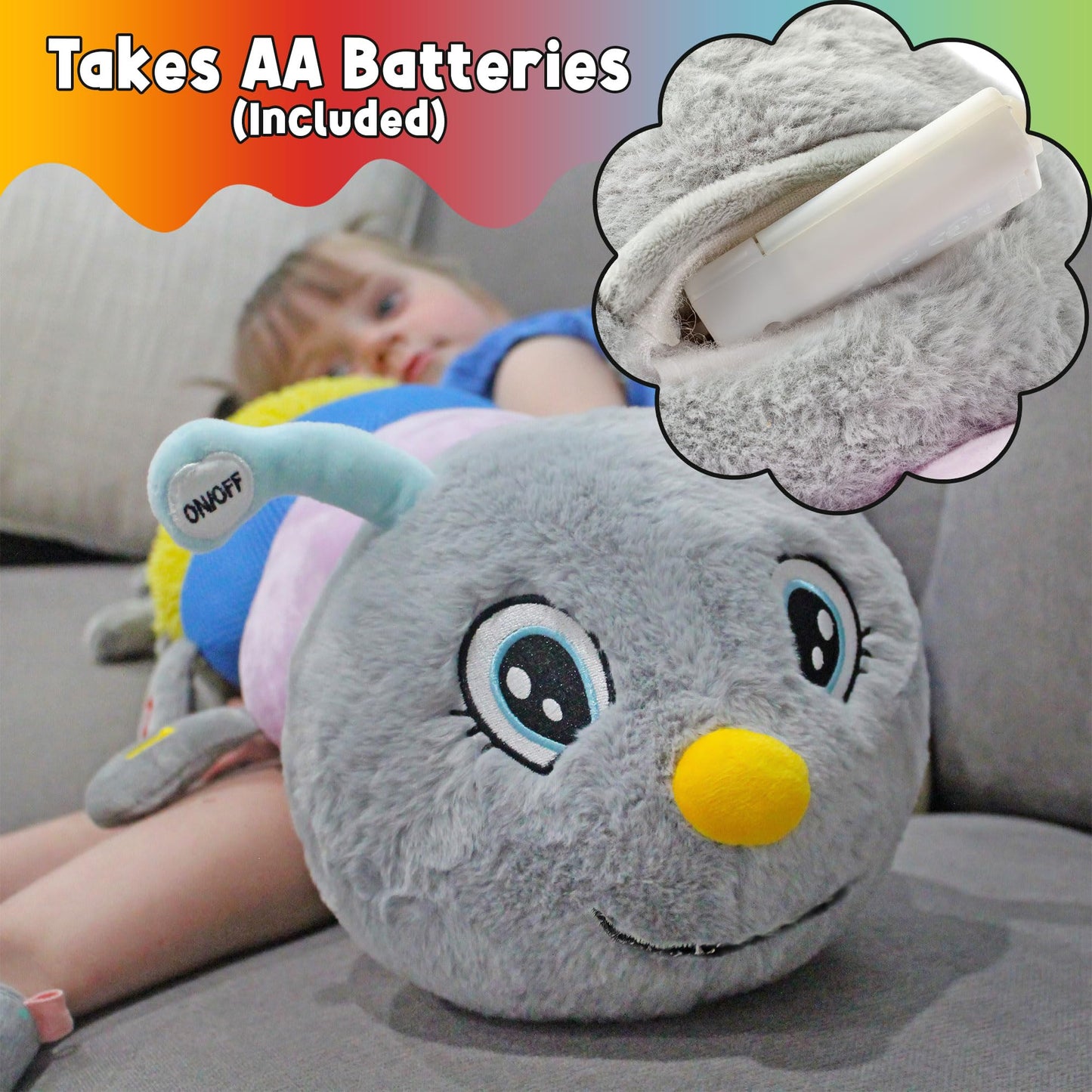MEAVIA Cuddlebug Caterpillar Body Pillow Sensory Snuggle Vibrating Plush, 35” Jumbo Stuffed Toy, FEELix Collection