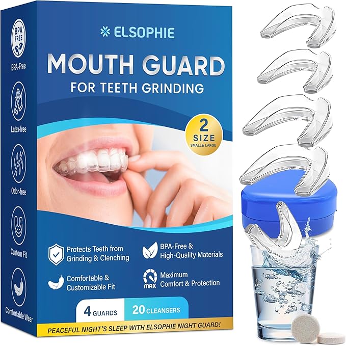 Mouth Guard for Grinding Teeth at Night: Night Guards for Teeth Clenching Custom Fit for Nighttime Protection 4 Pack + 20 Cleansing Tablets