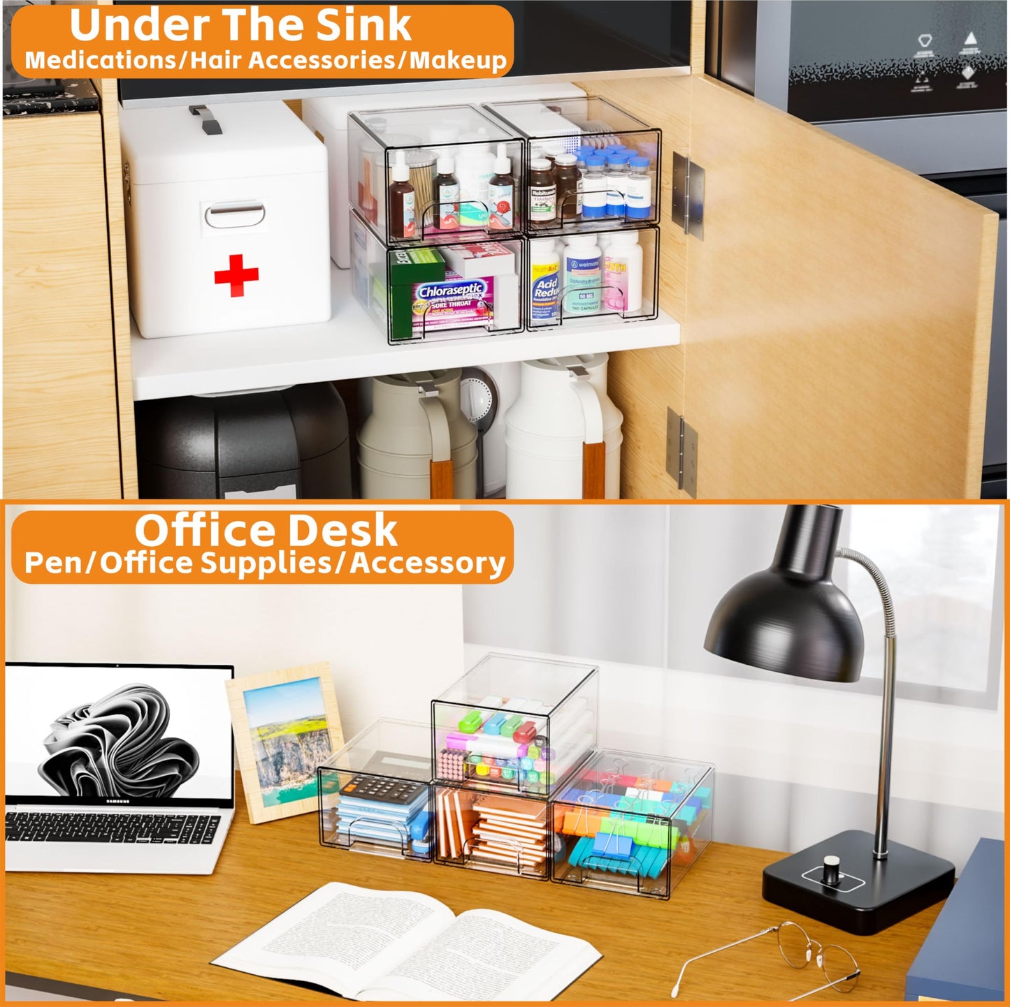 Yieach 4 Pack Clear Stackable Storage Drawers,4.4'' Tall Acrylic Drawer Containers for Organizing,Bathroom Organizers and Storage Bin Box,Plastic Makeup,Medicine Organizer Bins for Cabinet,Undersink
