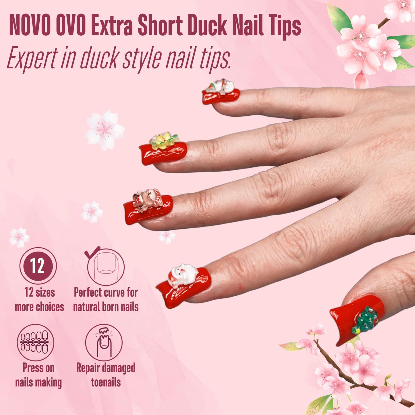 NOVO OVO Duck Feet Nail Tips for Small and Medium Hand, Extra Short Full Cover Press On Acrylic, Clear Full Coverage Thick Flare French Soft Gel Fake False Nail Extension x 12 Sizes