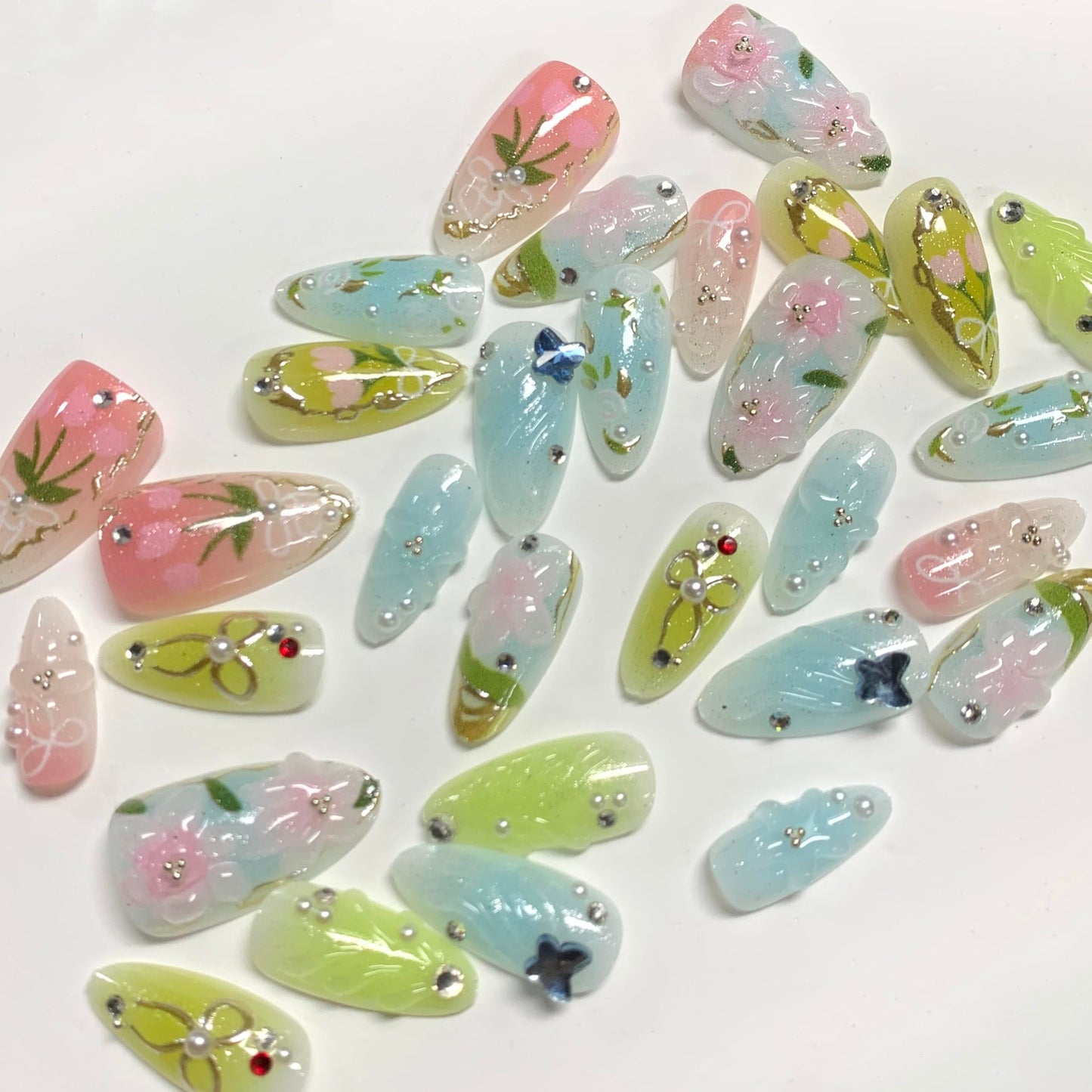 BABALAL Spring Press On Nails Almond, Medium Fake Nails, Pink Green Ombre With 3D Floral & Butterfly 3d Handmade Design, Glue On Nails 30Pcs